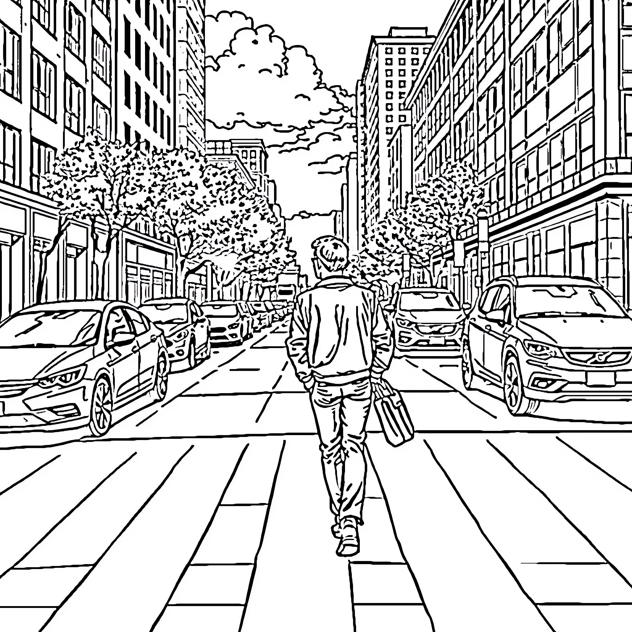 Man walking alone on city street lined with buildings Coloring Page (free black-and-white line drawing printable PDF for all, from beginners to advanced learners, including children, teens, adults, and seniors)
