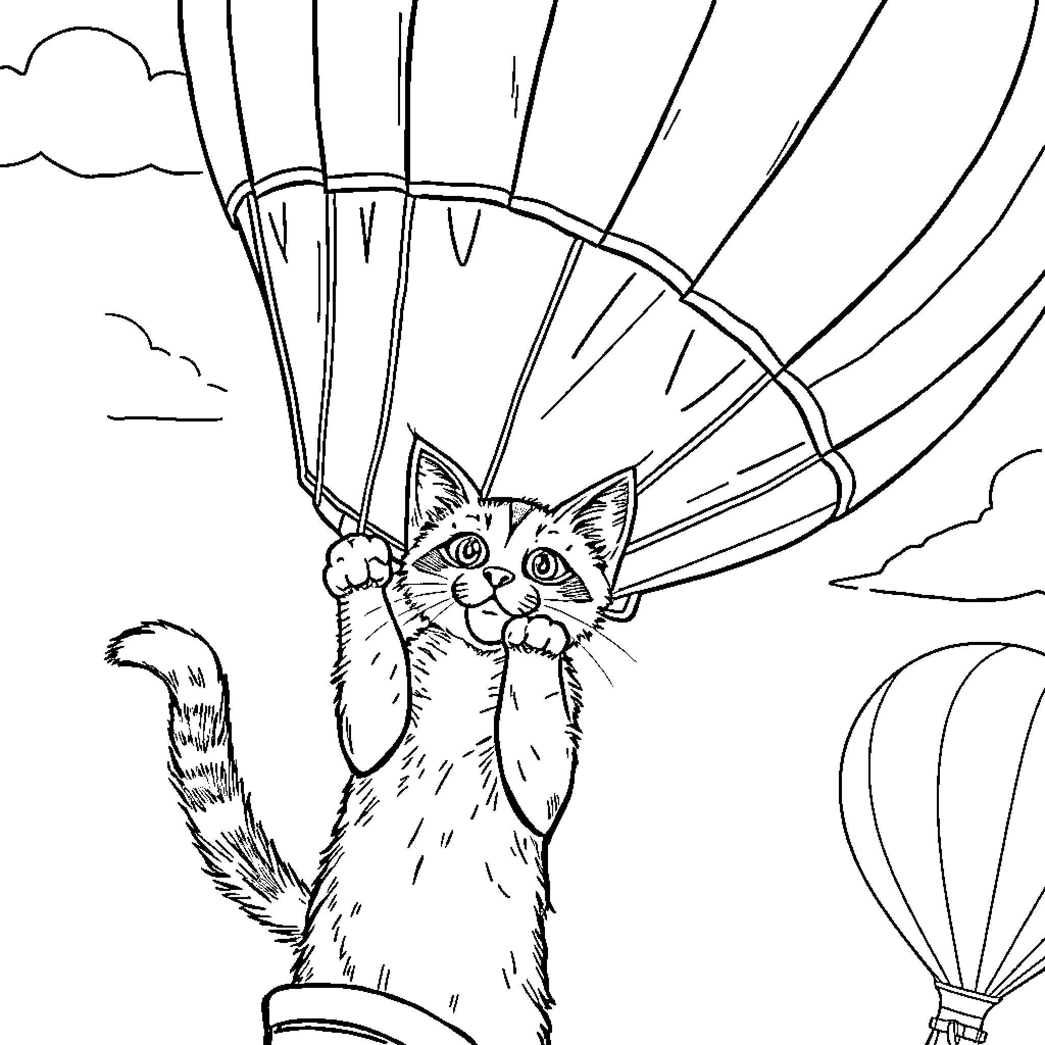 Cat looking up at hot air balloons in the sky Coloring Page (free black-and-white line drawing printable PDF for all, from beginners to advanced learners, including children, teens, adults, and seniors)