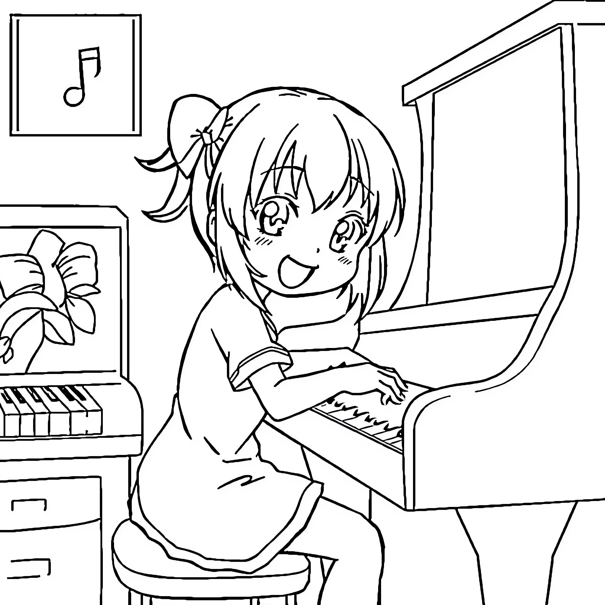 Anime Girl playing piano joyfully in room Coloring Page (free black-and-white line drawing printable PDF for all, from beginners to advanced learners, including children, teens, adults, and seniors)