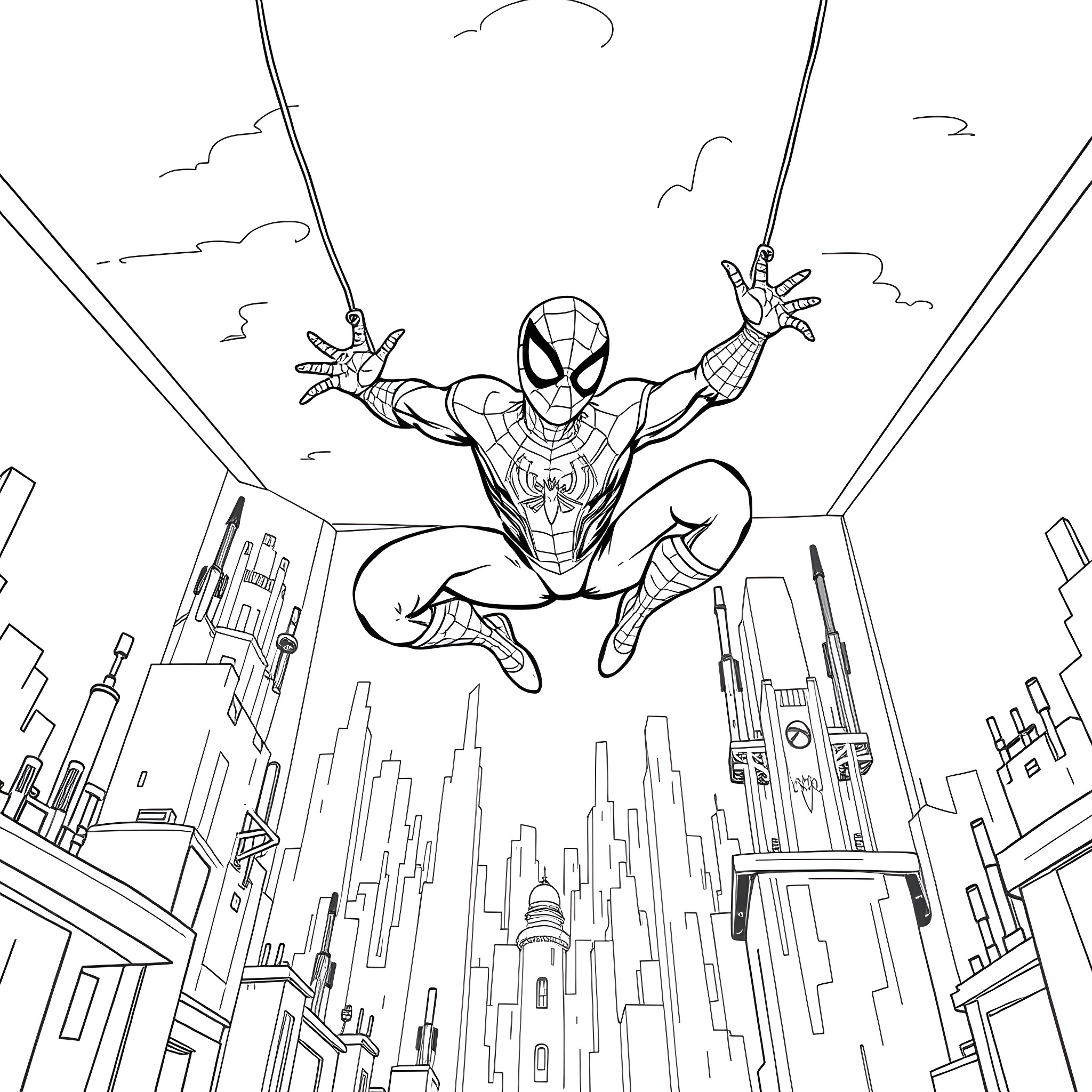 Spiderman swinging through the city skyline Coloring Page (free black-and-white line drawing printable PDF for all, from beginners to advanced learners, including children, teens, adults, and seniors)