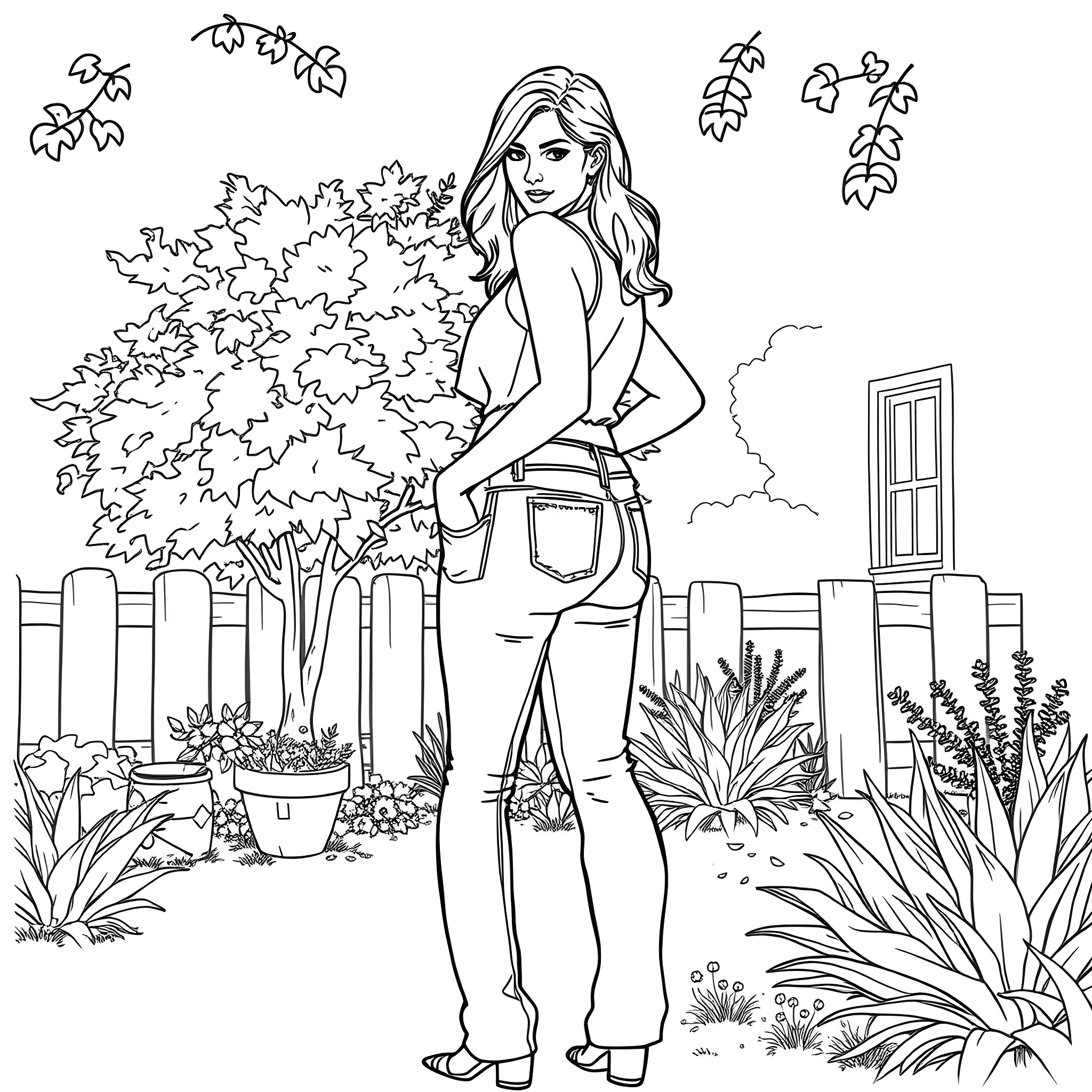 Mom caring for the garden with a loving smile Coloring Page (free black-and-white line drawing printable PDF for all, from beginners to advanced learners, including children, teens, adults, and seniors)