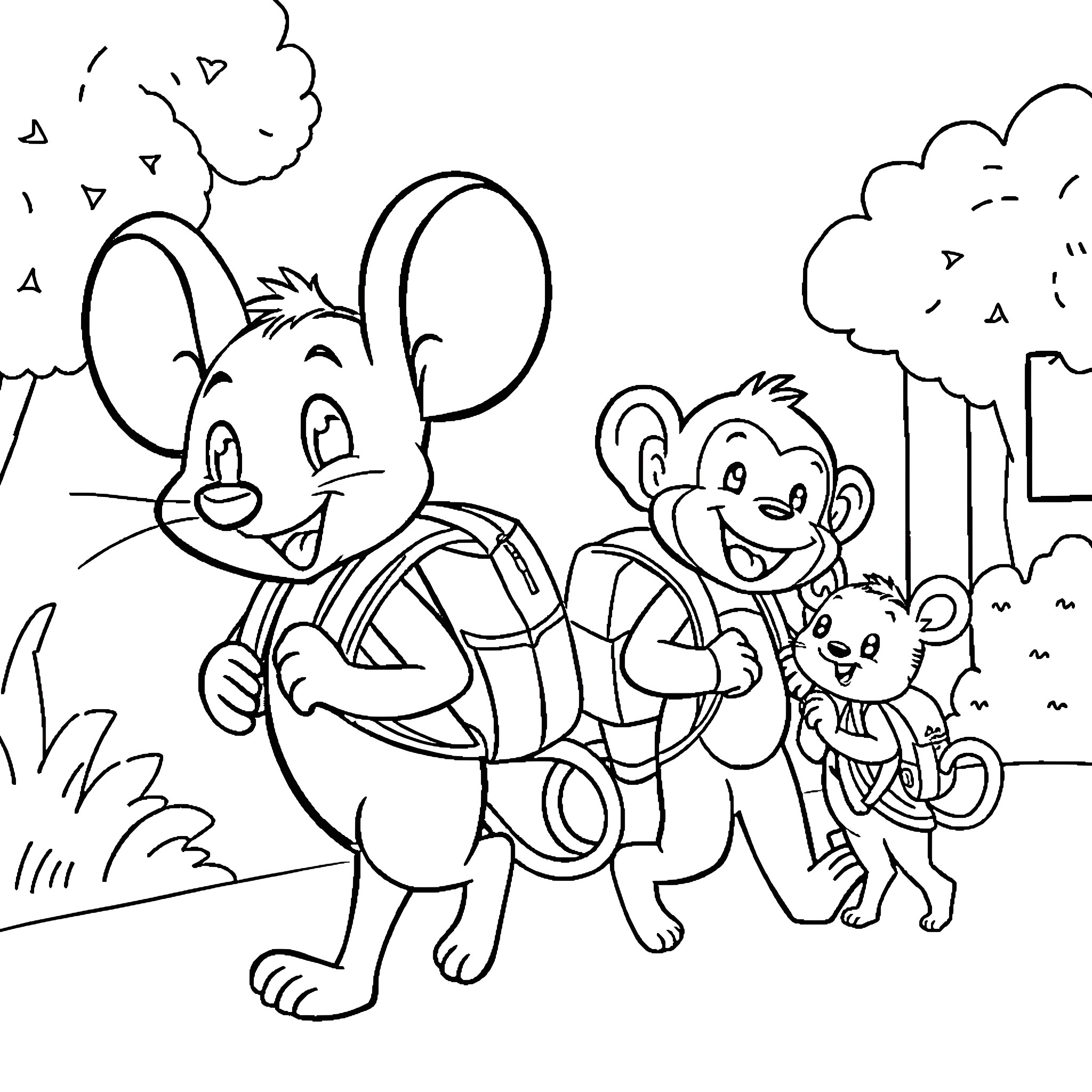 Mouse friends enjoying outdoor adventure Coloring Page (free black-and-white line drawing printable PDF for all, from beginners to advanced learners, including children, teens, adults, and seniors)