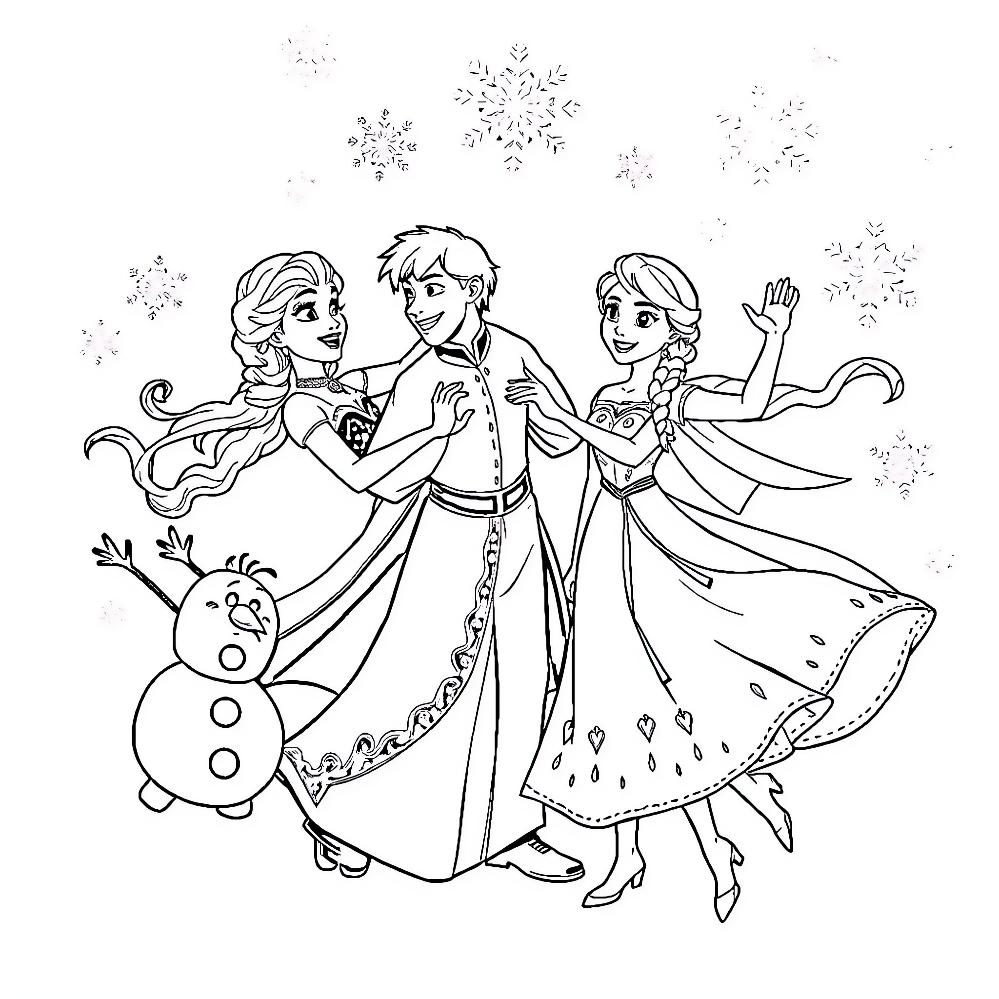 Elsa and Friends Celebrating Winter Wonderland Coloring Page (free black-and-white line drawing printable PDF for all, from beginners to advanced learners, including children, teens, adults, and seniors)