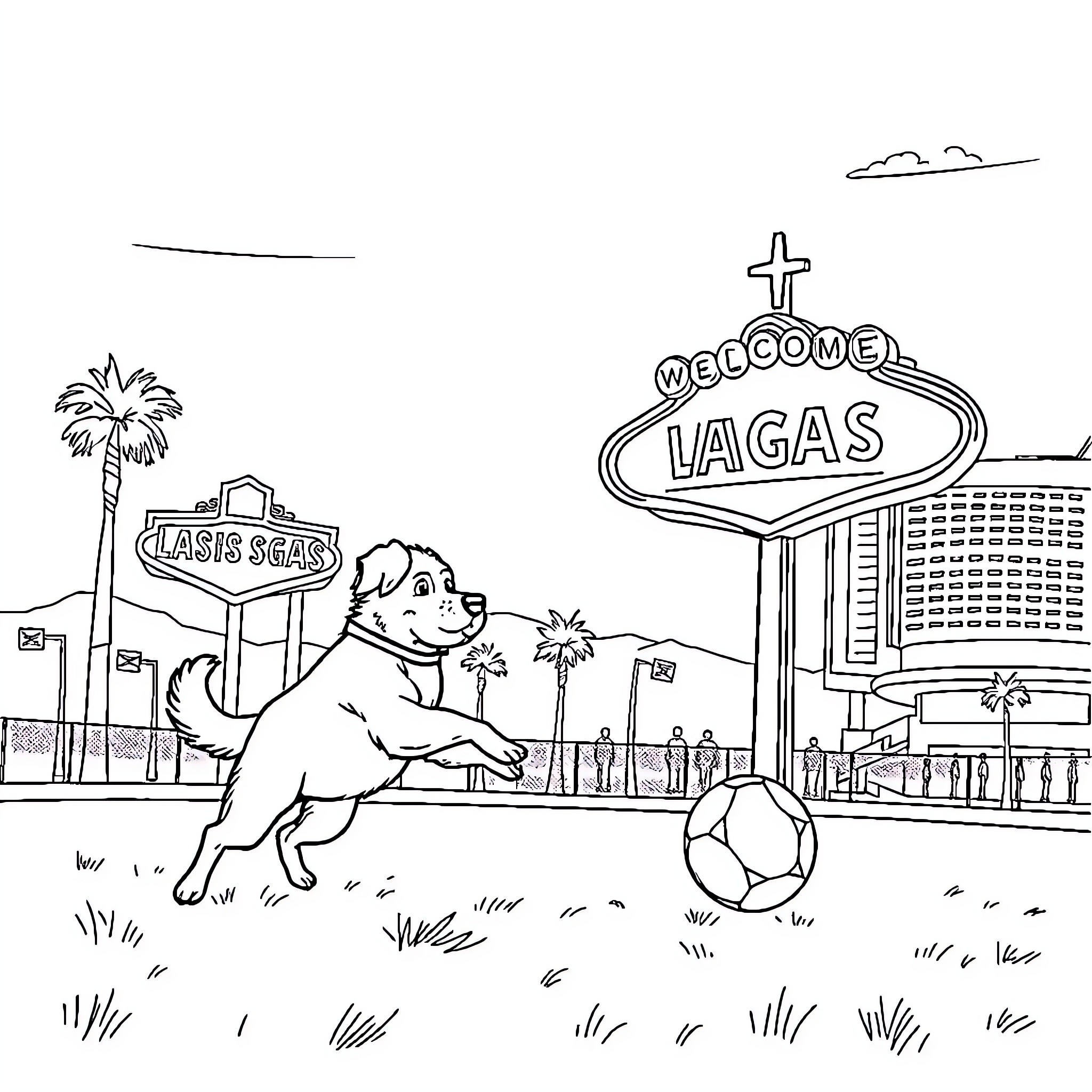 Dog playing with a soccer ball in Las Vegas Coloring Page (free black-and-white line drawing printable PDF for all, from beginners to advanced learners, including children, teens, adults, and seniors)