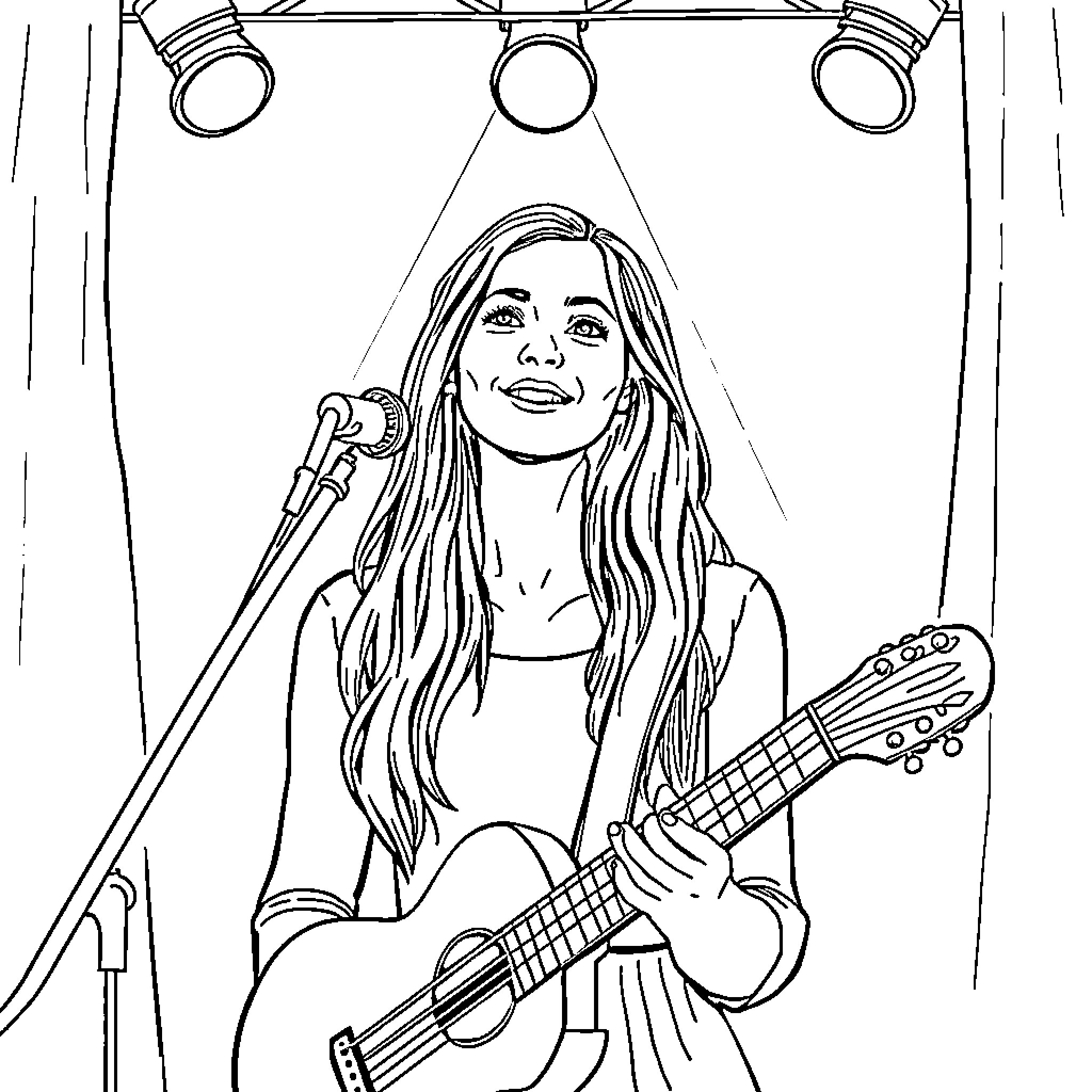 Laufey's musical performance on stage Coloring Page (free black-and-white line drawing printable PDF for all, from beginners to advanced learners, including children, teens, adults, and seniors)