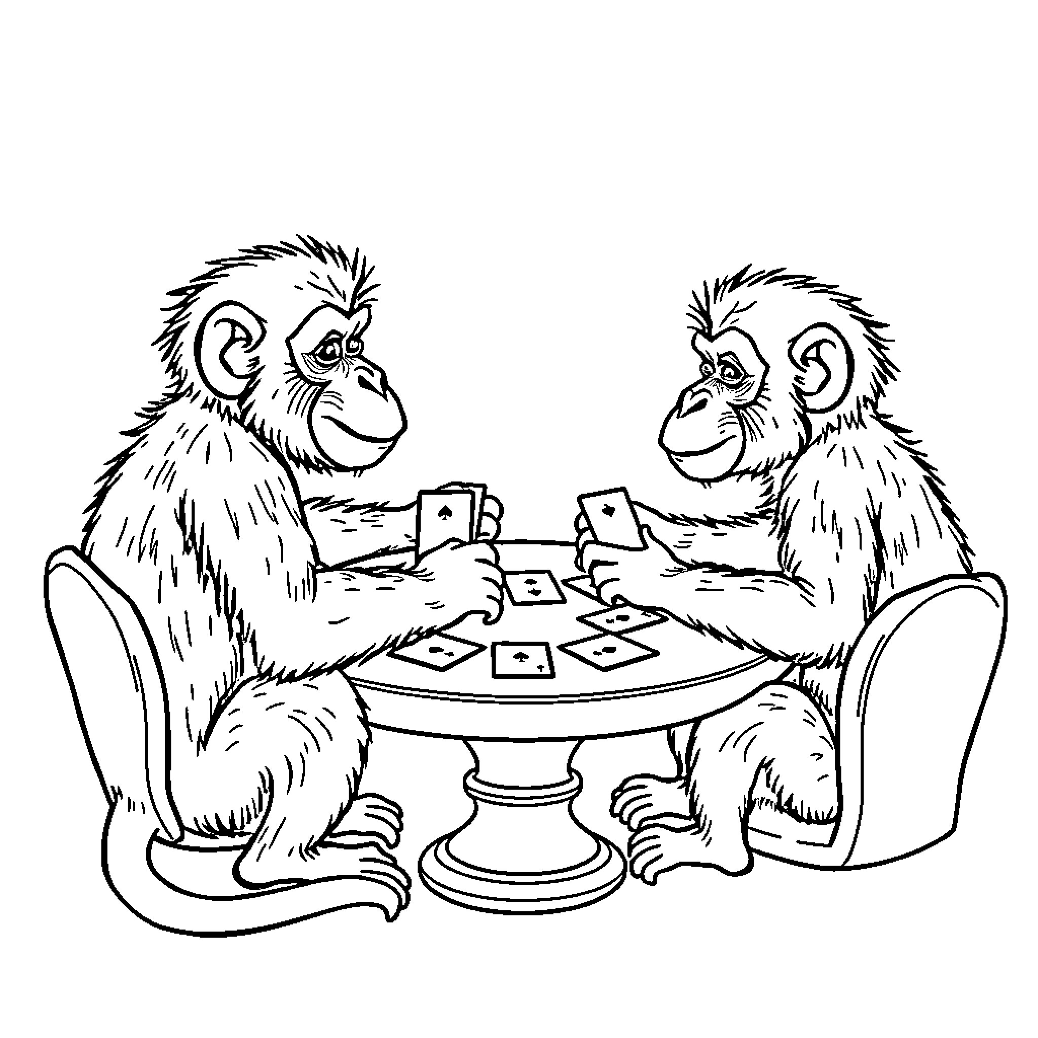 Monkey friends playing card games Coloring Page (free black-and-white line drawing printable PDF for all, from beginners to advanced learners, including children, teens, adults, and seniors)