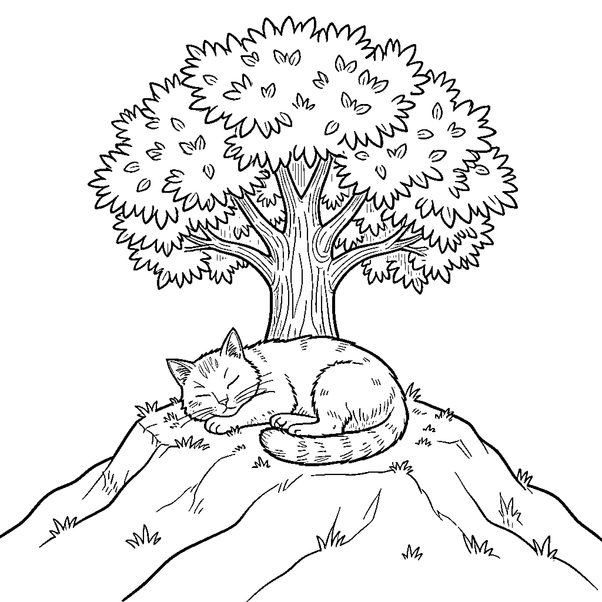 Gato napping peacefully under a flourishing tree Coloring Page (free black-and-white line drawing printable PDF for all, from beginners to advanced learners, including children, teens, adults, and seniors)