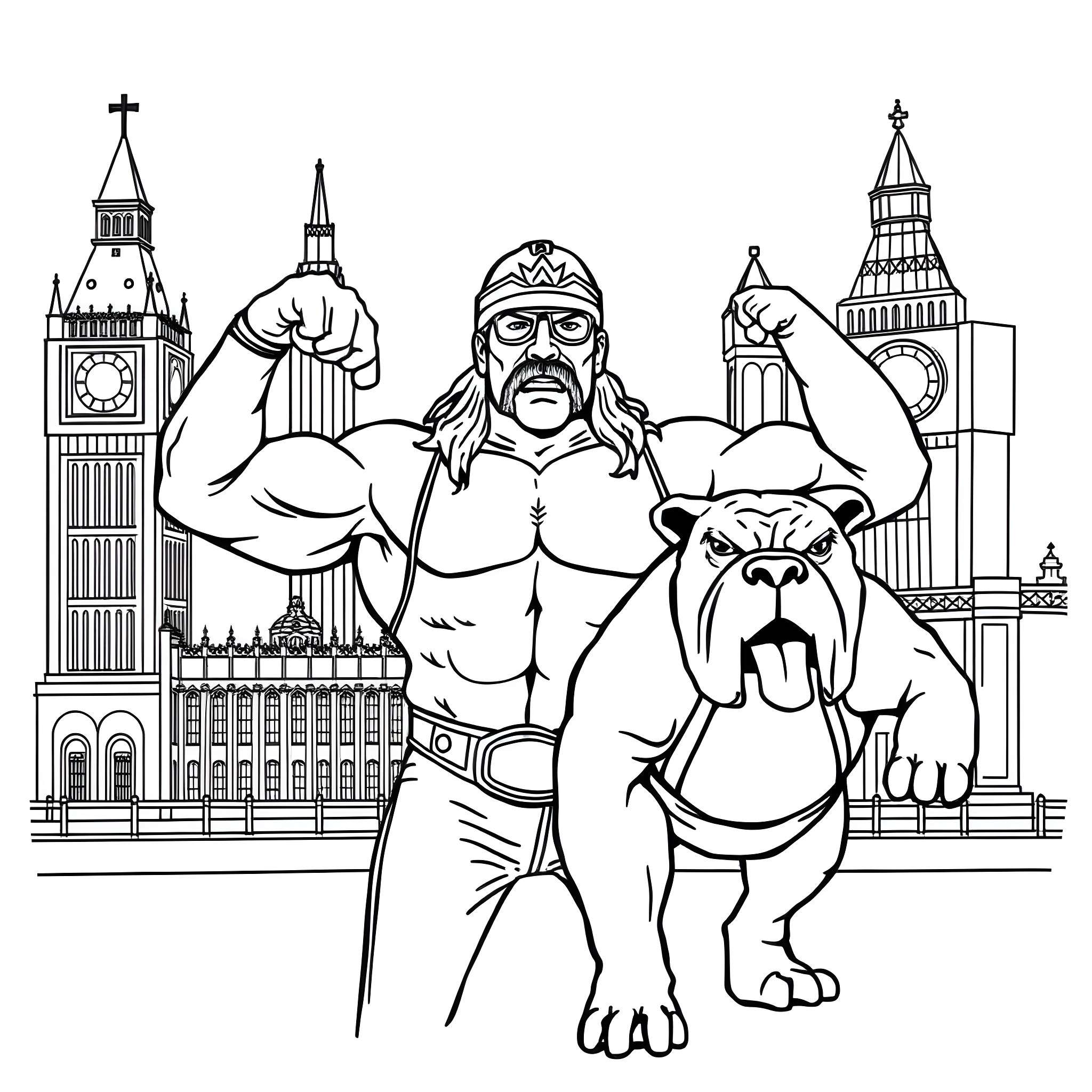 Hulk Hogan flexing muscles with bear in London cityscape Coloring Page (free black-and-white line drawing printable PDF for all, from beginners to advanced learners, including children, teens, adults, and seniors)