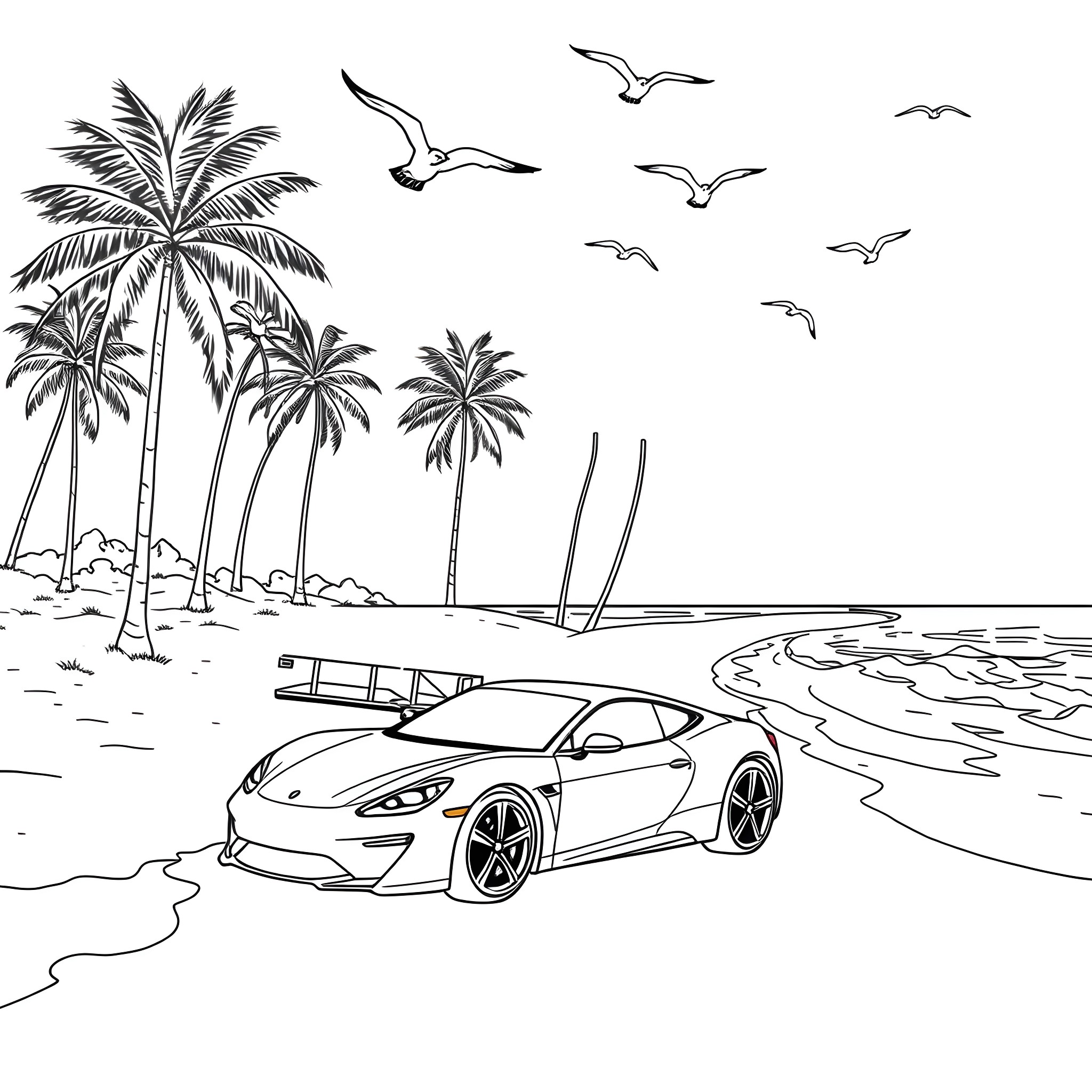 Car on the beach with palm trees and seagulls Coloring Page (free black-and-white line drawing printable PDF for all, from beginners to advanced learners, including children, teens, adults, and seniors)