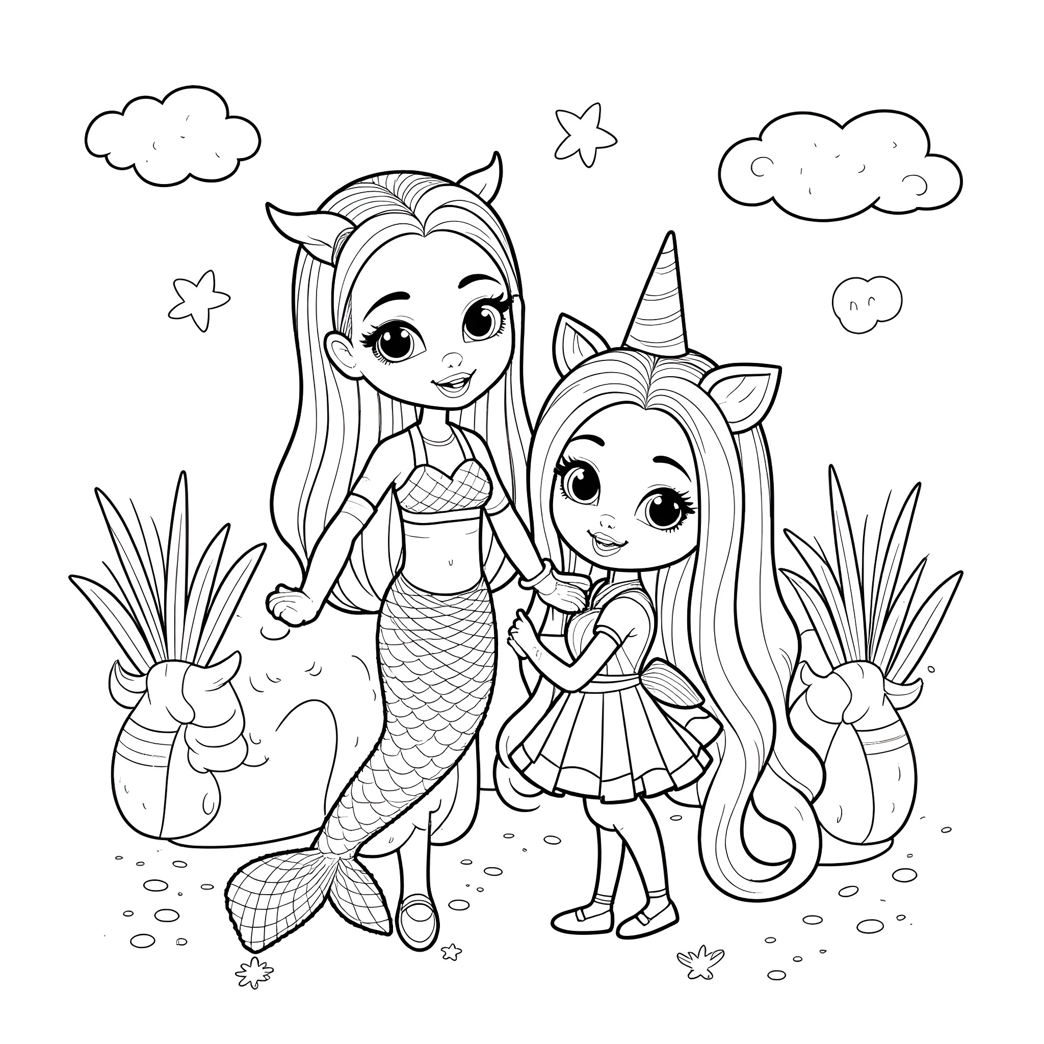 Gabby's Mermaid and Unicorn Adventure Coloring Page (free black-and-white line drawing printable PDF for all, from beginners to advanced learners, including children, teens, adults, and seniors)