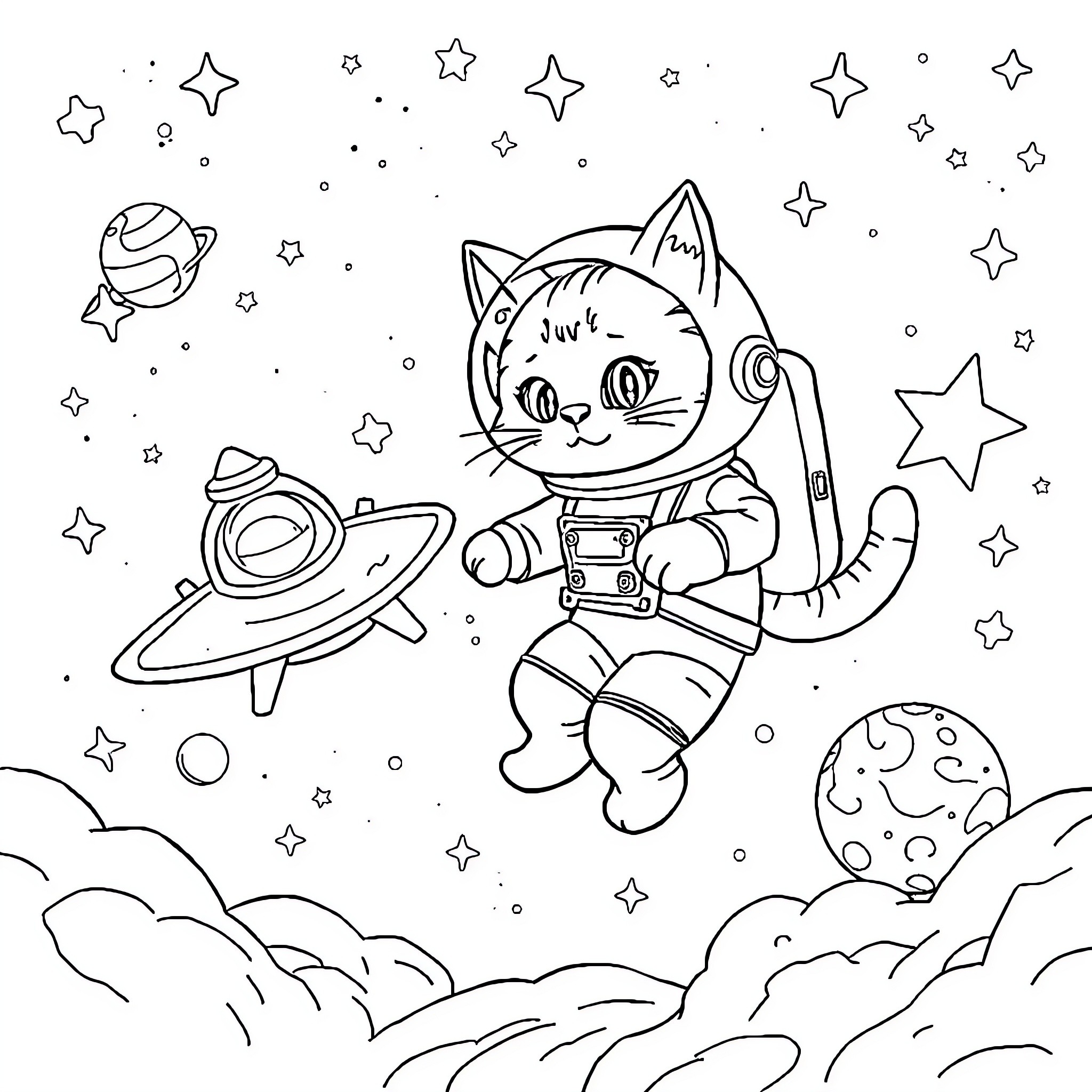 Cat astronaut exploring the galaxy Coloring Page (free black-and-white line drawing printable PDF for all, from beginners to advanced learners, including children, teens, adults, and seniors)