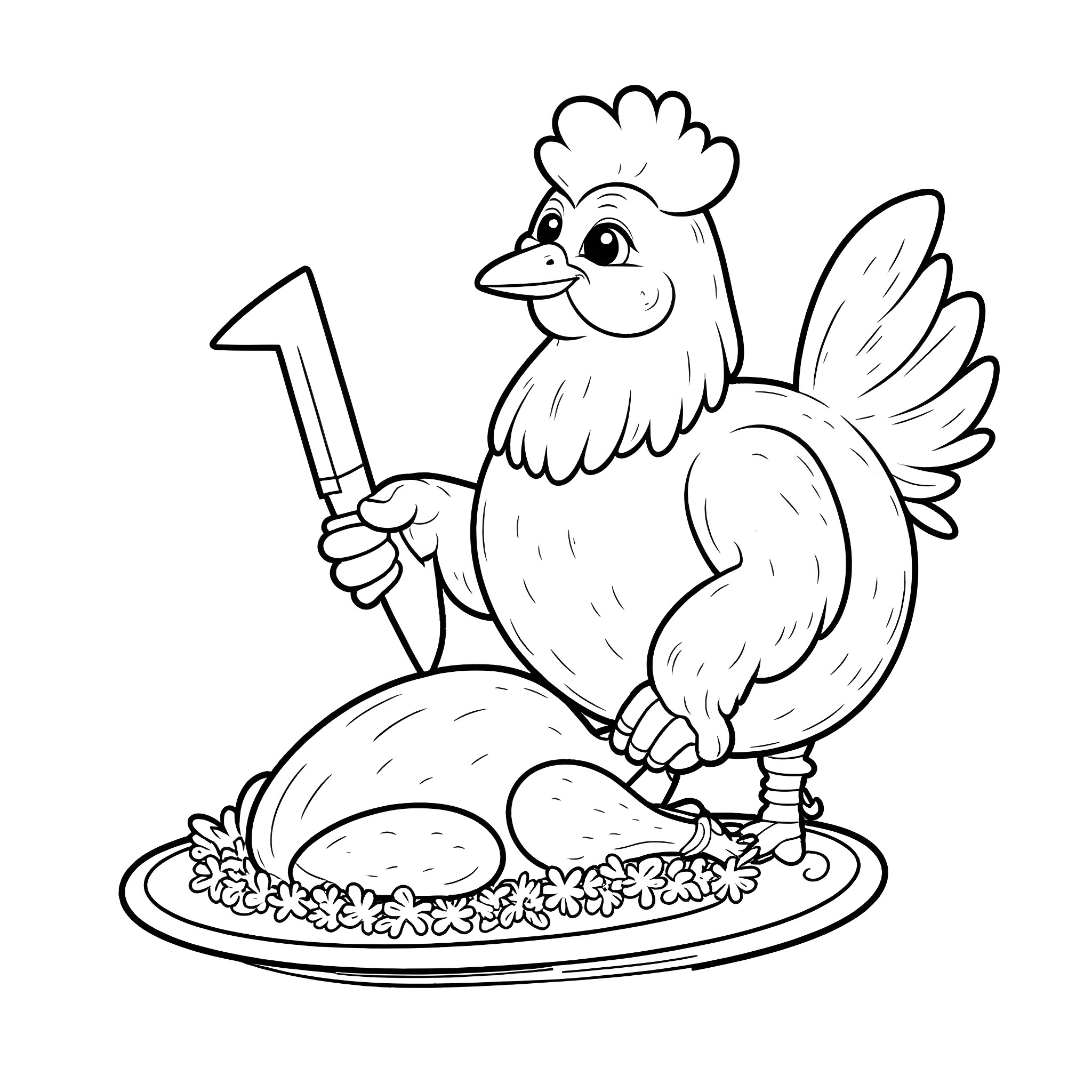 Chicken carving a Thanksgiving turkey Coloring Page (free black-and-white line drawing printable PDF for all, from beginners to advanced learners, including children, teens, adults, and seniors)