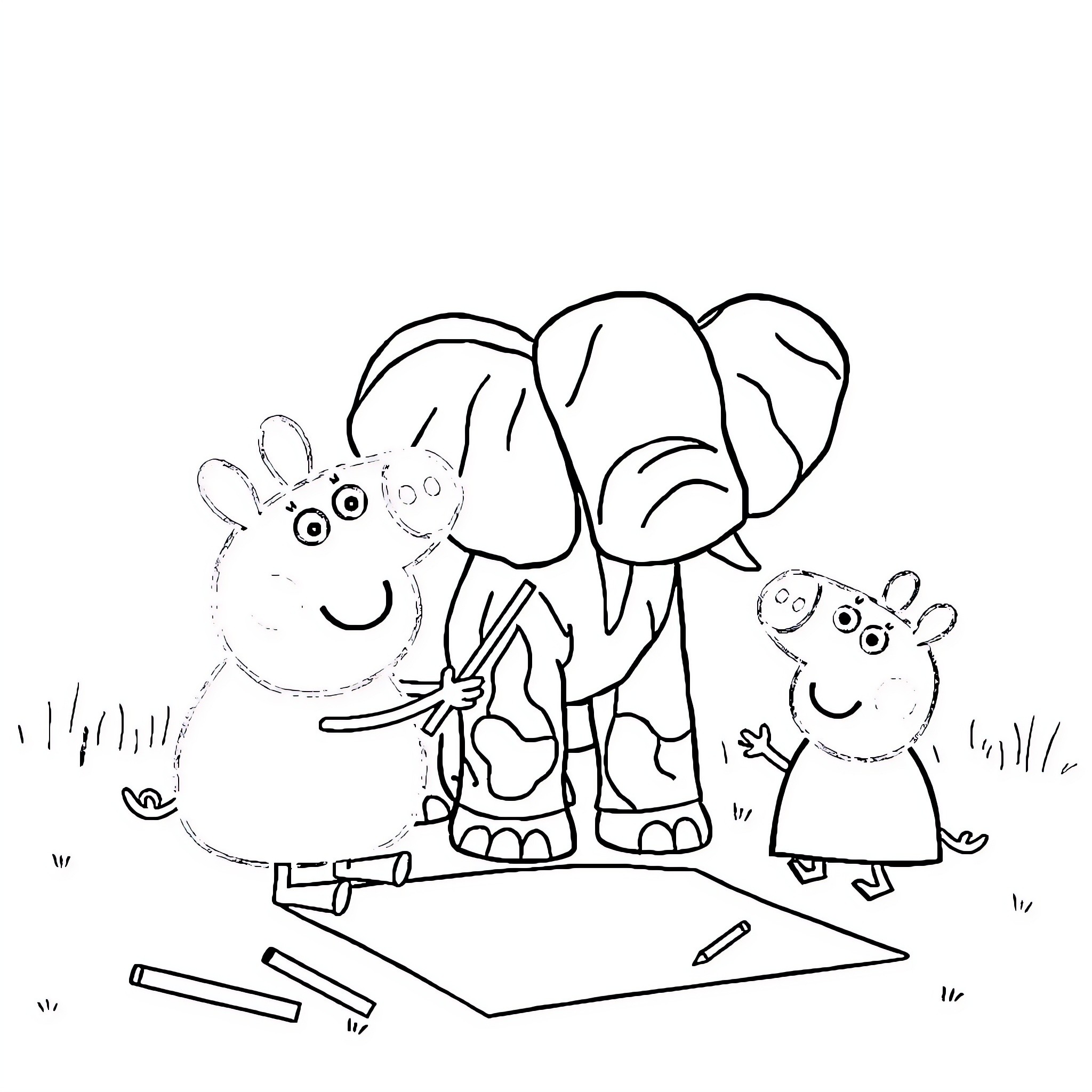 Peppa Pig and friends drawing together Coloring Page (free black-and-white line drawing printable PDF for all, from beginners to advanced learners, including children, teens, adults, and seniors)