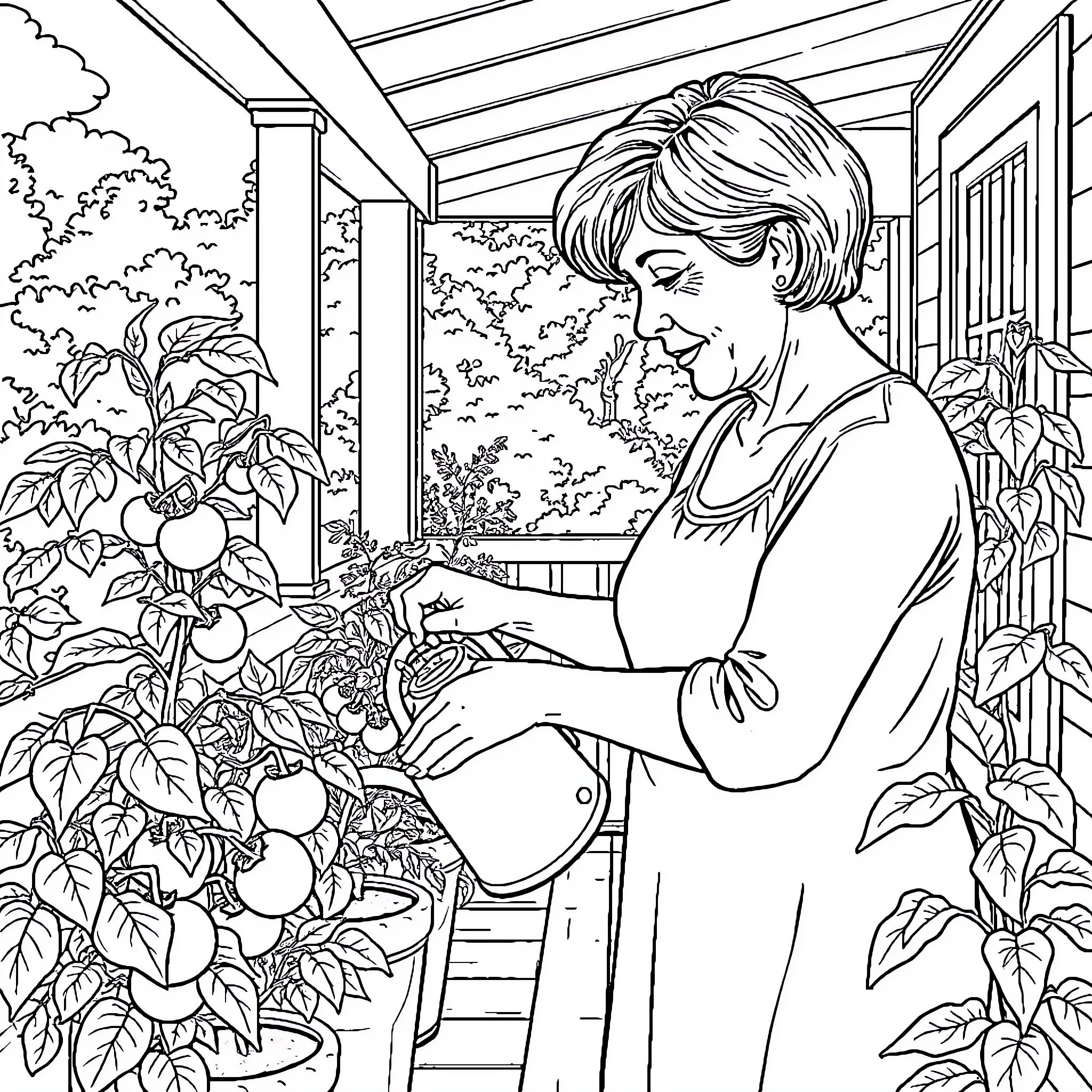 Woman Tending to Her Garden Plants Indoors Coloring Page (free black-and-white line drawing printable PDF for all, from beginners to advanced learners, including children, teens, adults, and seniors)