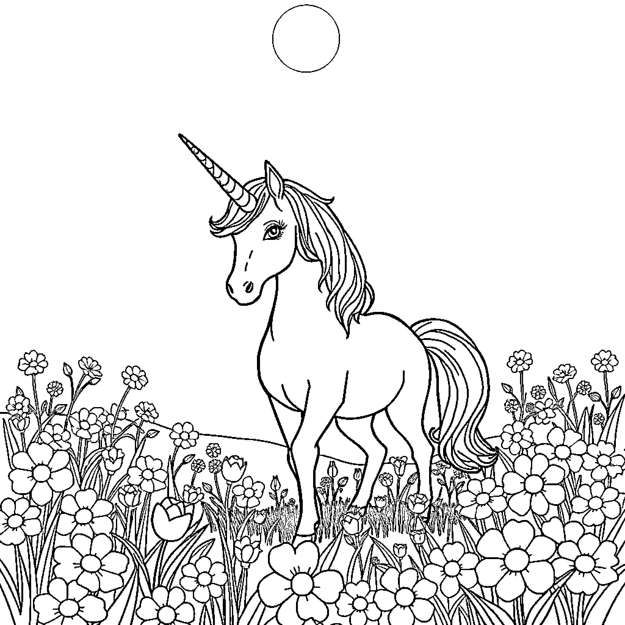 Unicorn standing in a magical floral field Coloring Page (free black-and-white line drawing printable PDF for all, from beginners to advanced learners, including children, teens, adults, and seniors)