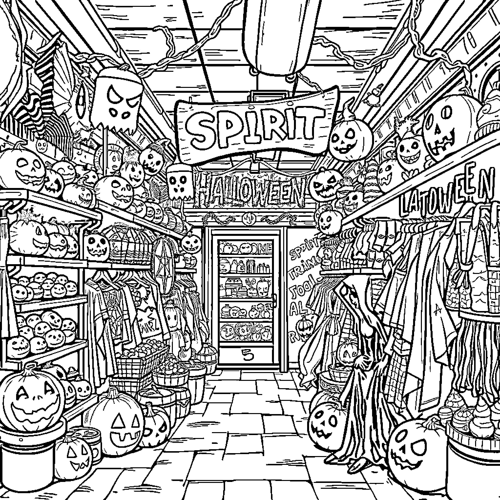 Spirit of Halloween: Spooky Decor and Costumes in a Festive Shop Coloring Page (free black-and-white line drawing printable PDF for all, from beginners to advanced learners, including children, teens, adults, and seniors)