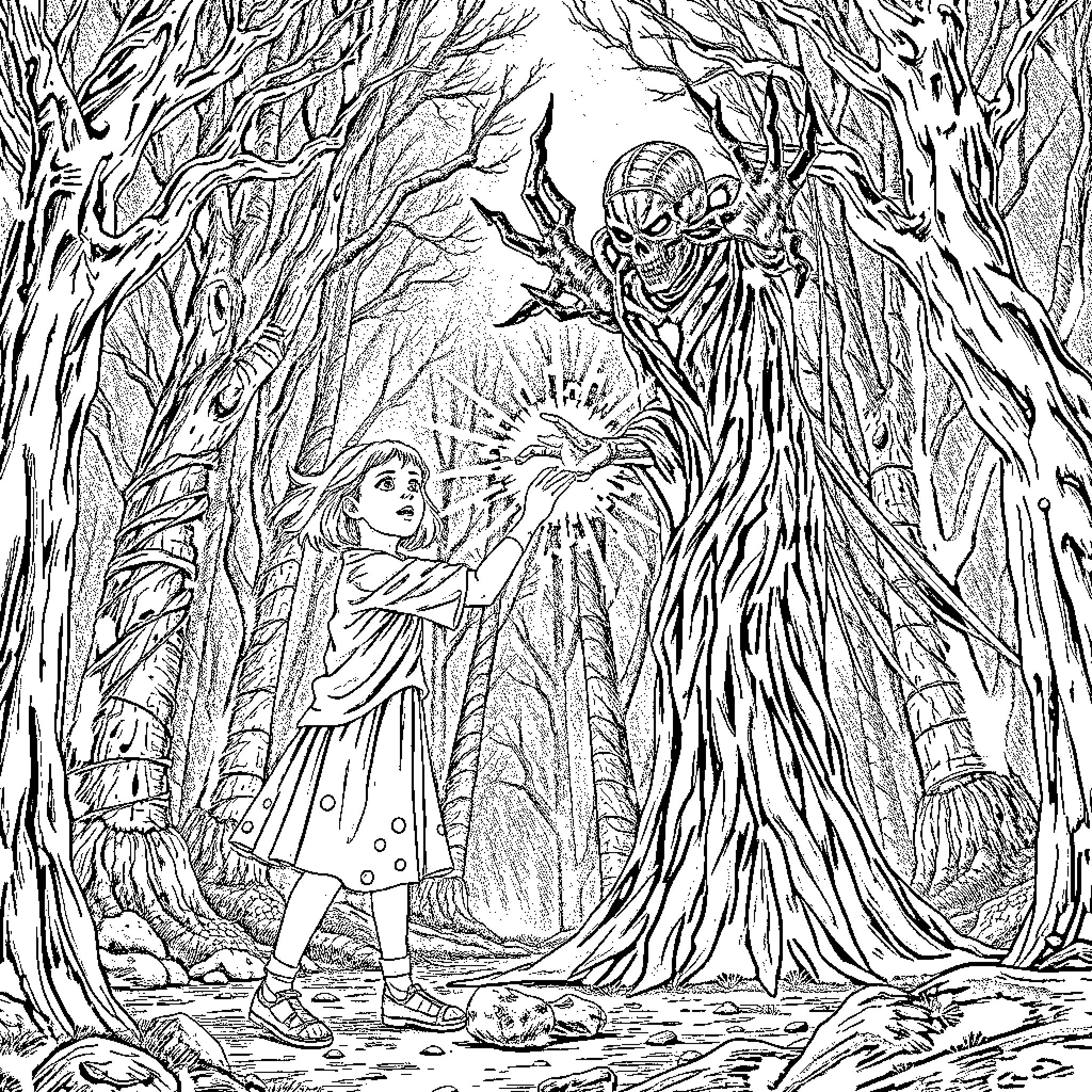Eleven faces mysterious ethereal figure in enchanted woods Coloring Page (free black-and-white line drawing printable PDF for all, from beginners to advanced learners, including children, teens, adults, and seniors)