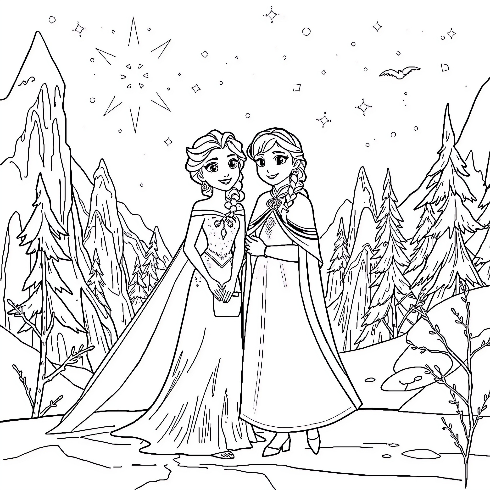 Snow Queen Sisters in Enchanting Winter Wonderland Coloring Page (free black-and-white line drawing printable PDF for all, from beginners to advanced learners, including children, teens, adults, and seniors)