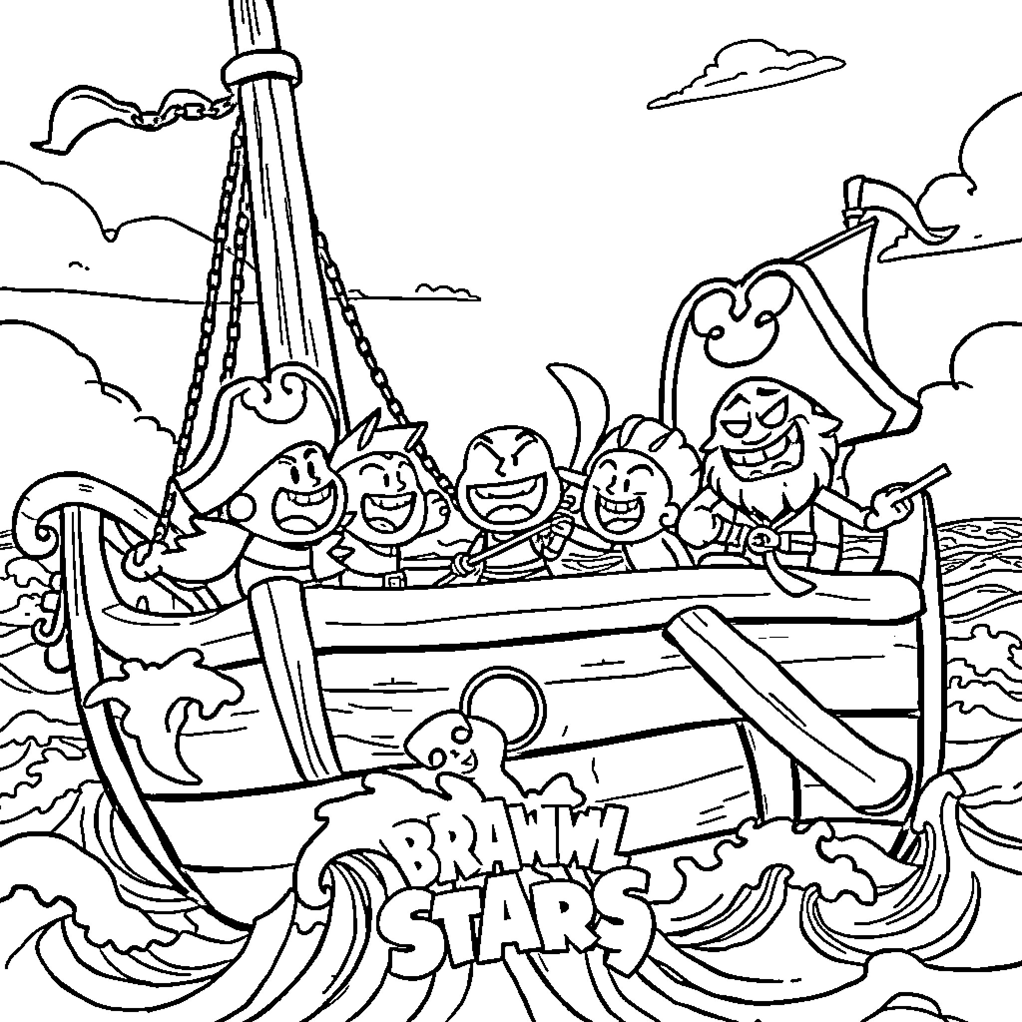 Brawl Stars: Pirate Crew Adventures on the High Seas Coloring Page (free black-and-white line drawing printable PDF for all, from beginners to advanced learners, including children, teens, adults, and seniors)