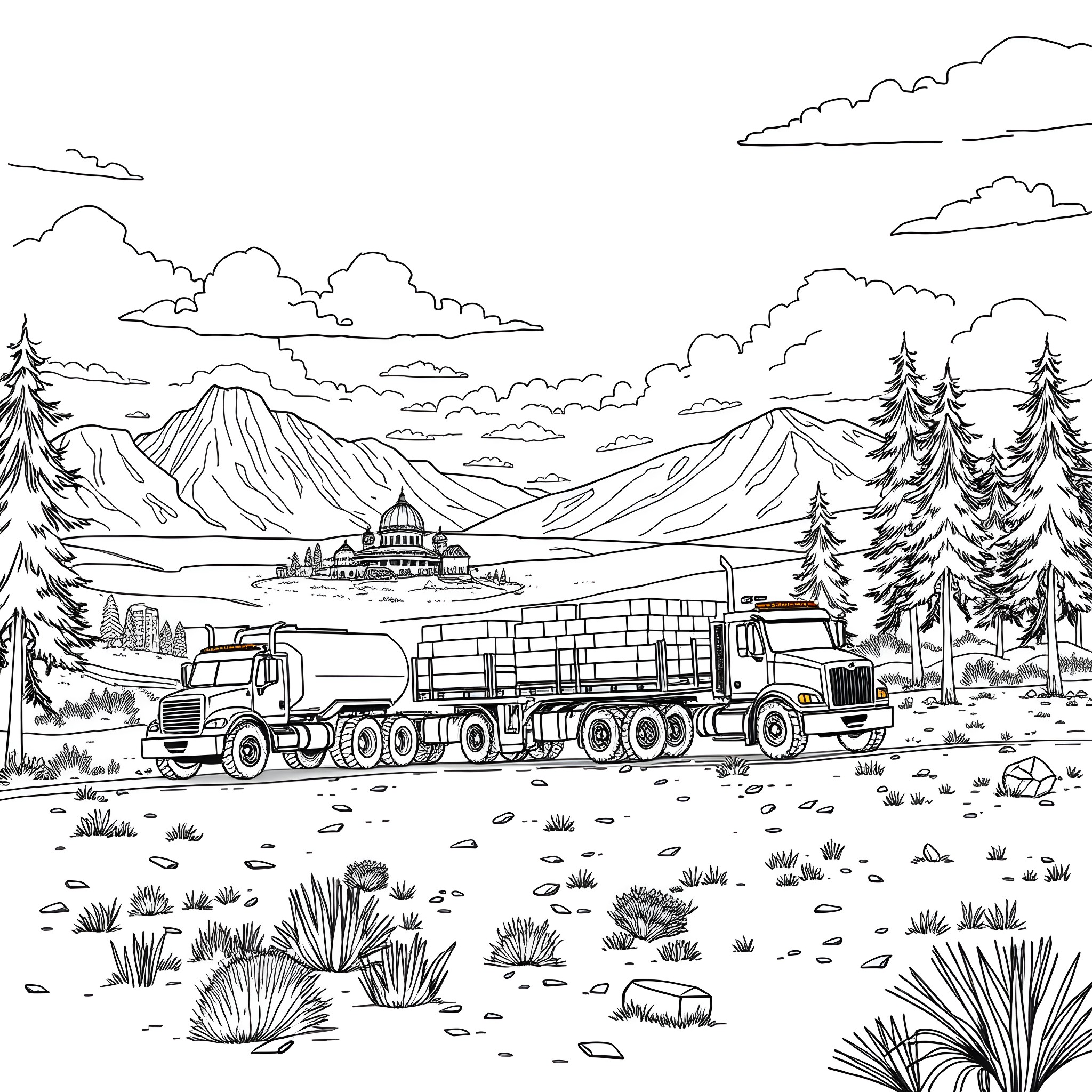 Truck Hauling Cargo Through Scenic Mountain Landscape Coloring Page (free black-and-white line drawing printable PDF for all, from beginners to advanced learners, including children, teens, adults, and seniors)