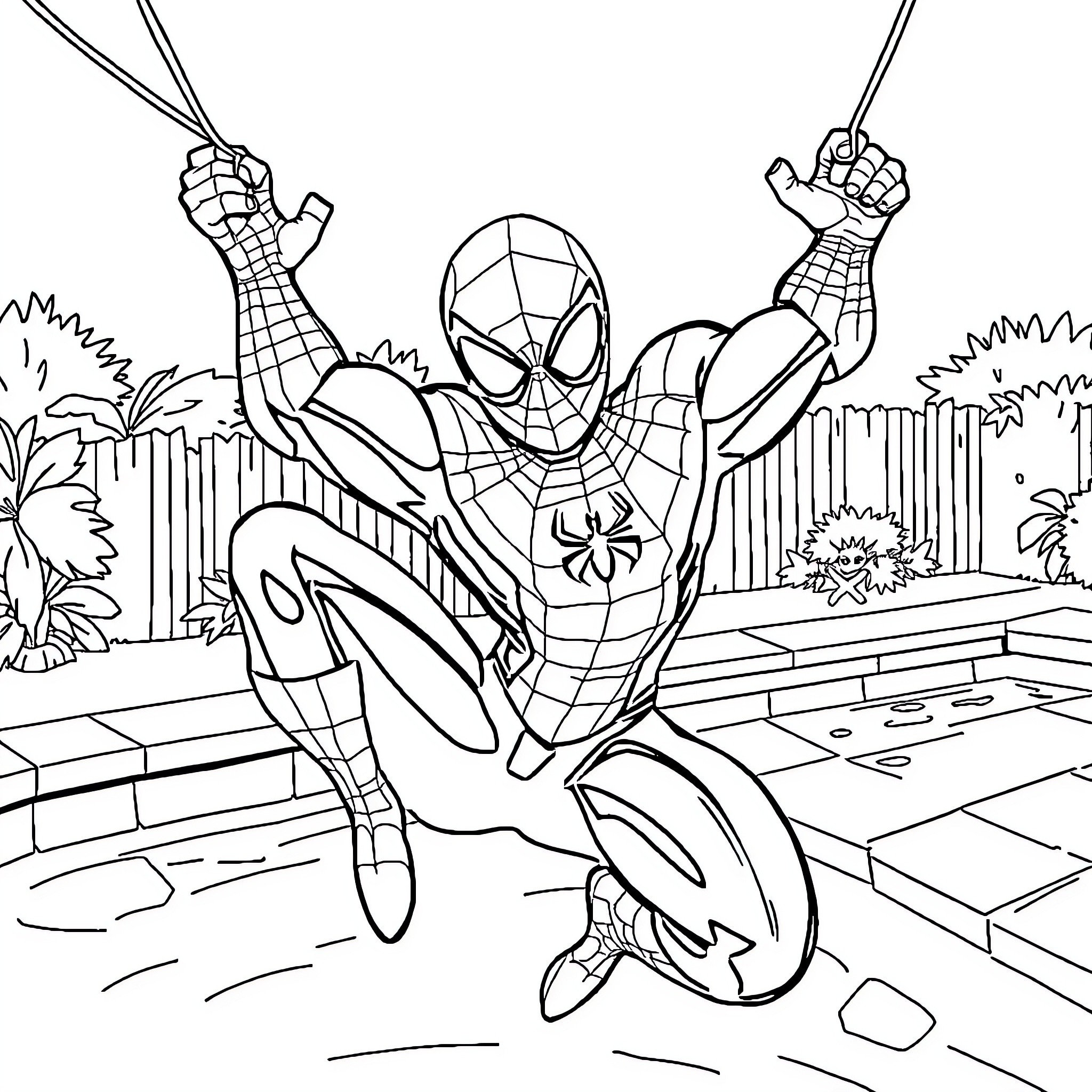 Spidey swinging through the city with heroic poses Coloring Page (free black-and-white line drawing printable PDF for all, from beginners to advanced learners, including children, teens, adults, and seniors)