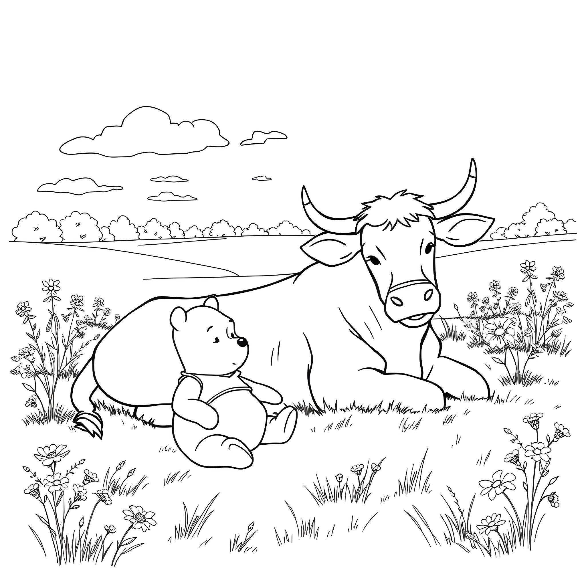 Highland Cow and Teddy Bear Relaxing in Meadow Coloring Page (free black-and-white line drawing printable PDF for all, from beginners to advanced learners, including children, teens, adults, and seniors)