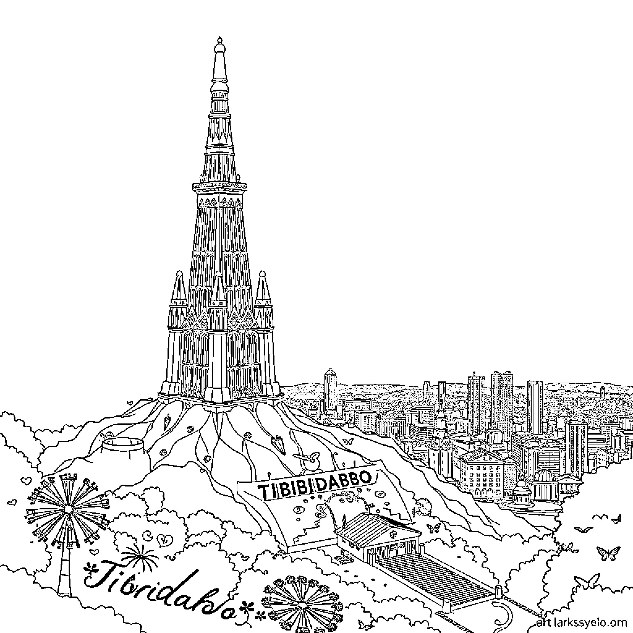 Tibidabo: Dramatic Architectural Structure Overlooking a Cityscape Coloring Page (free black-and-white line drawing printable PDF for all, from beginners to advanced learners, including children, teens, adults, and seniors)