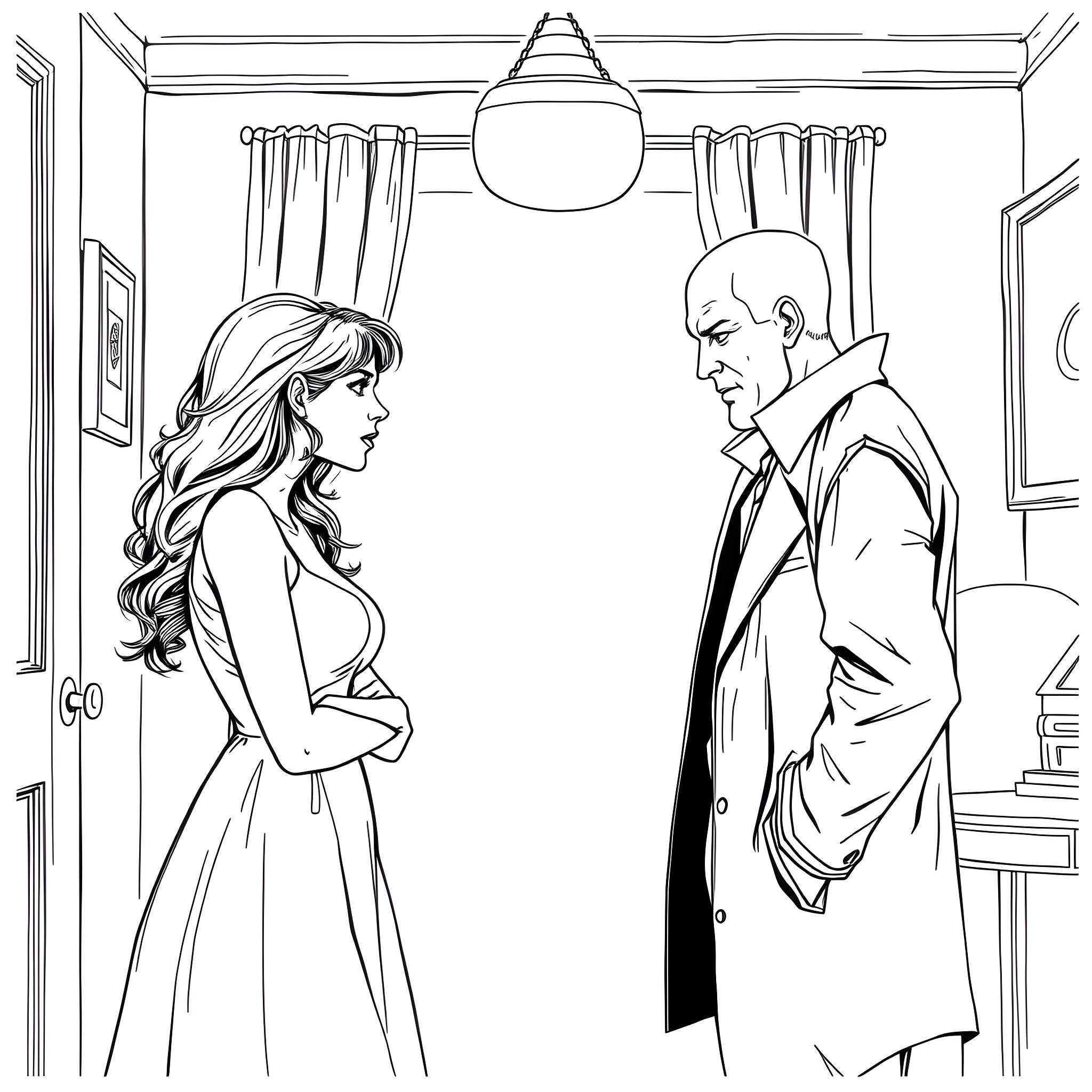 Wife meets husband in formal setting Coloring Page (free black-and-white line drawing printable PDF for all, from beginners to advanced learners, including children, teens, adults, and seniors)