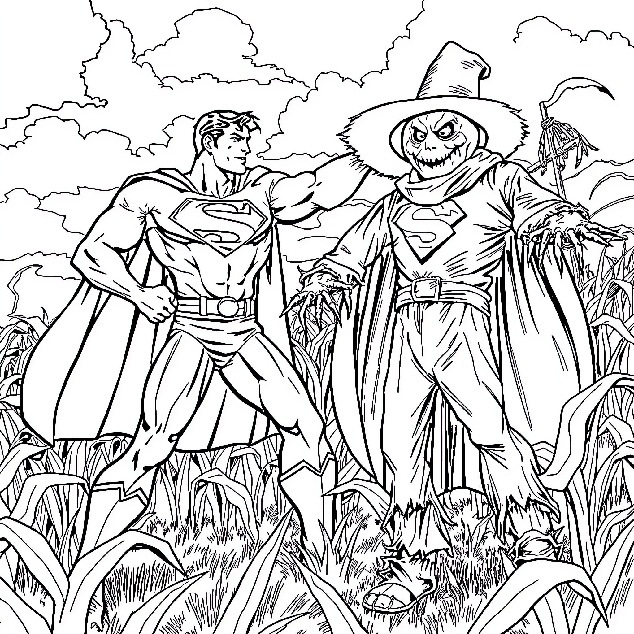 Superman and Scarecrow in Autumn Landscape Coloring Page (free black-and-white line drawing printable PDF for all, from beginners to advanced learners, including children, teens, adults, and seniors)