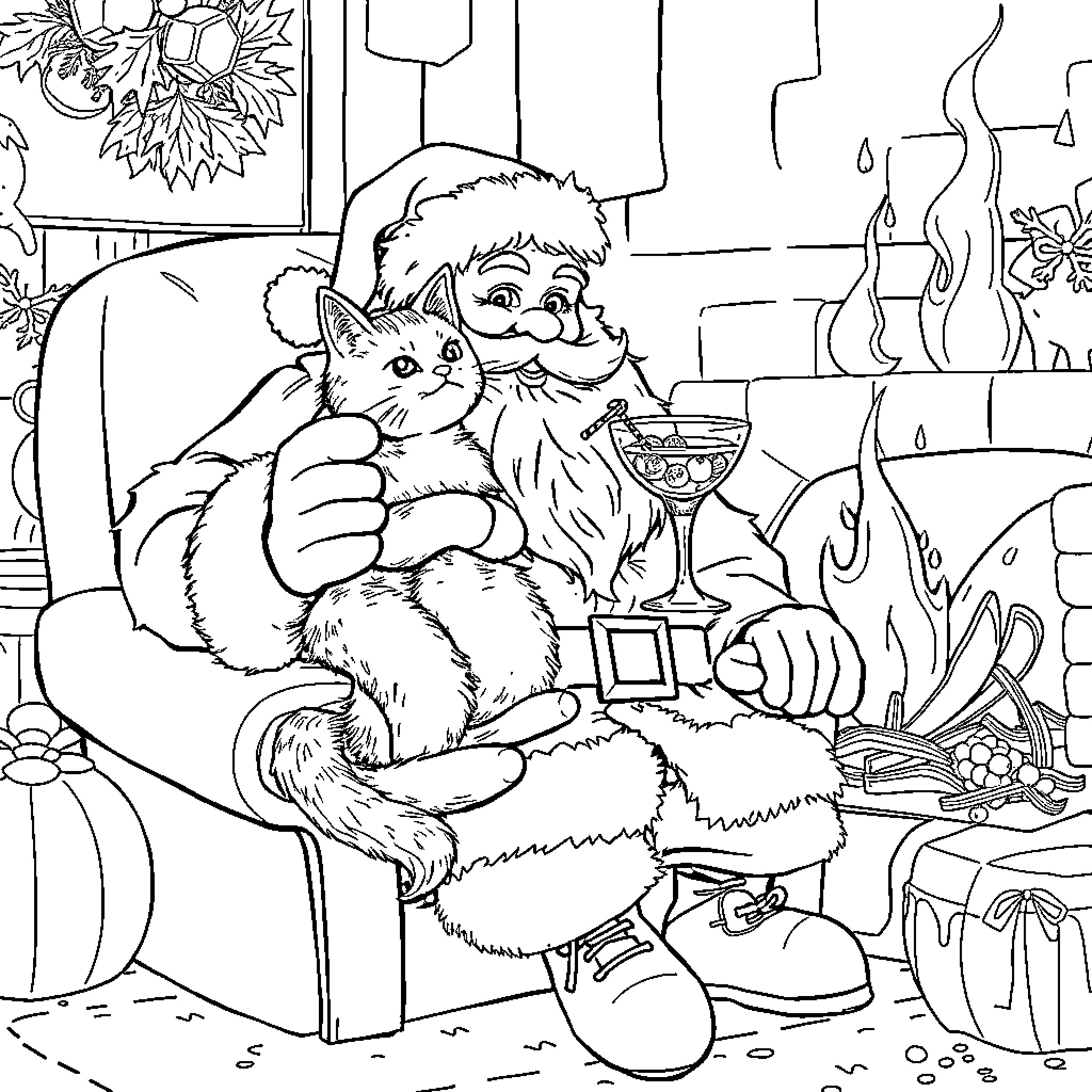 Santa relaxing with a furry friend by the fireplace Coloring Page (free black-and-white line drawing printable PDF for all, from beginners to advanced learners, including children, teens, adults, and seniors)