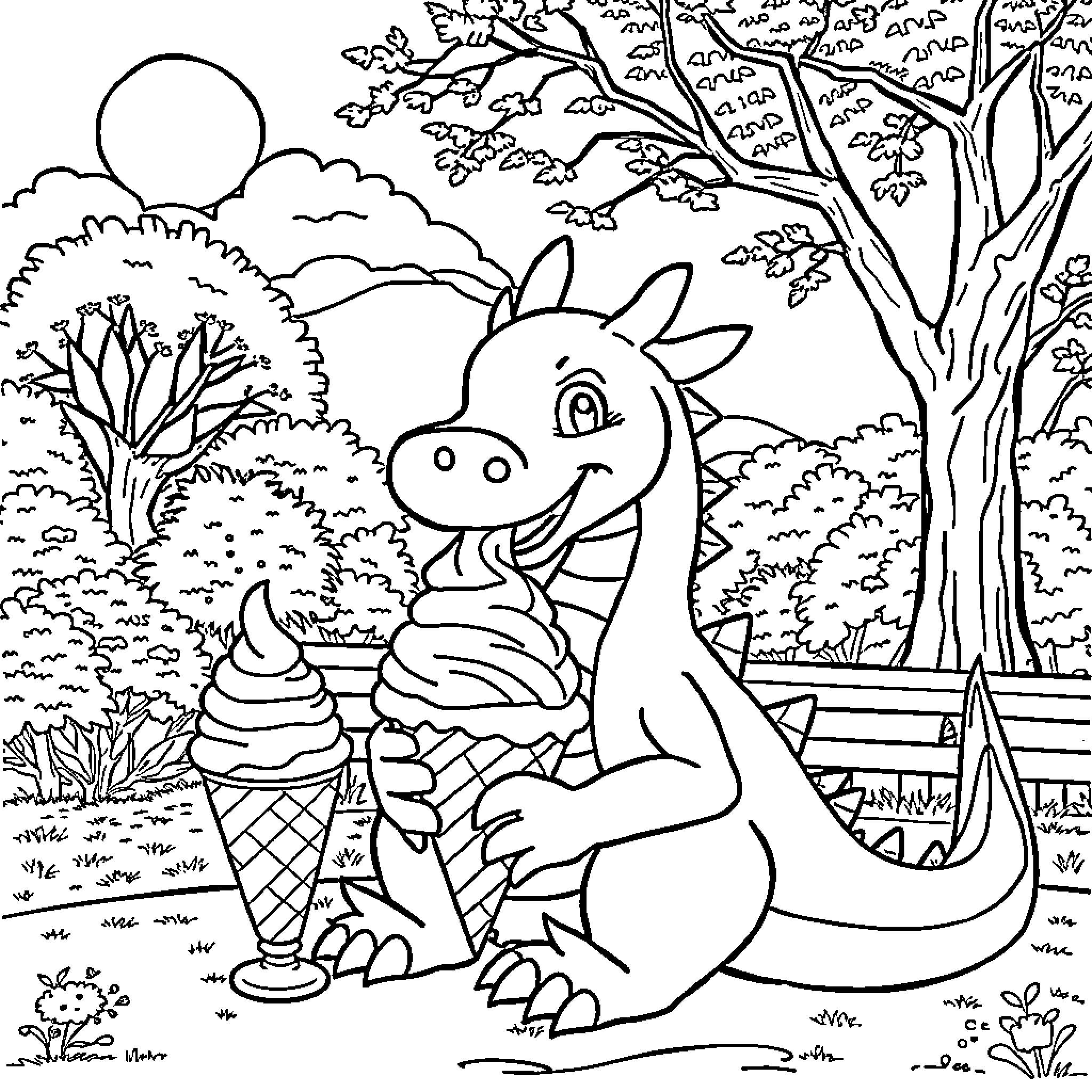 Dragon enjoying an ice cream treat in the park Coloring Page (free black-and-white line drawing printable PDF for all, from beginners to advanced learners, including children, teens, adults, and seniors)