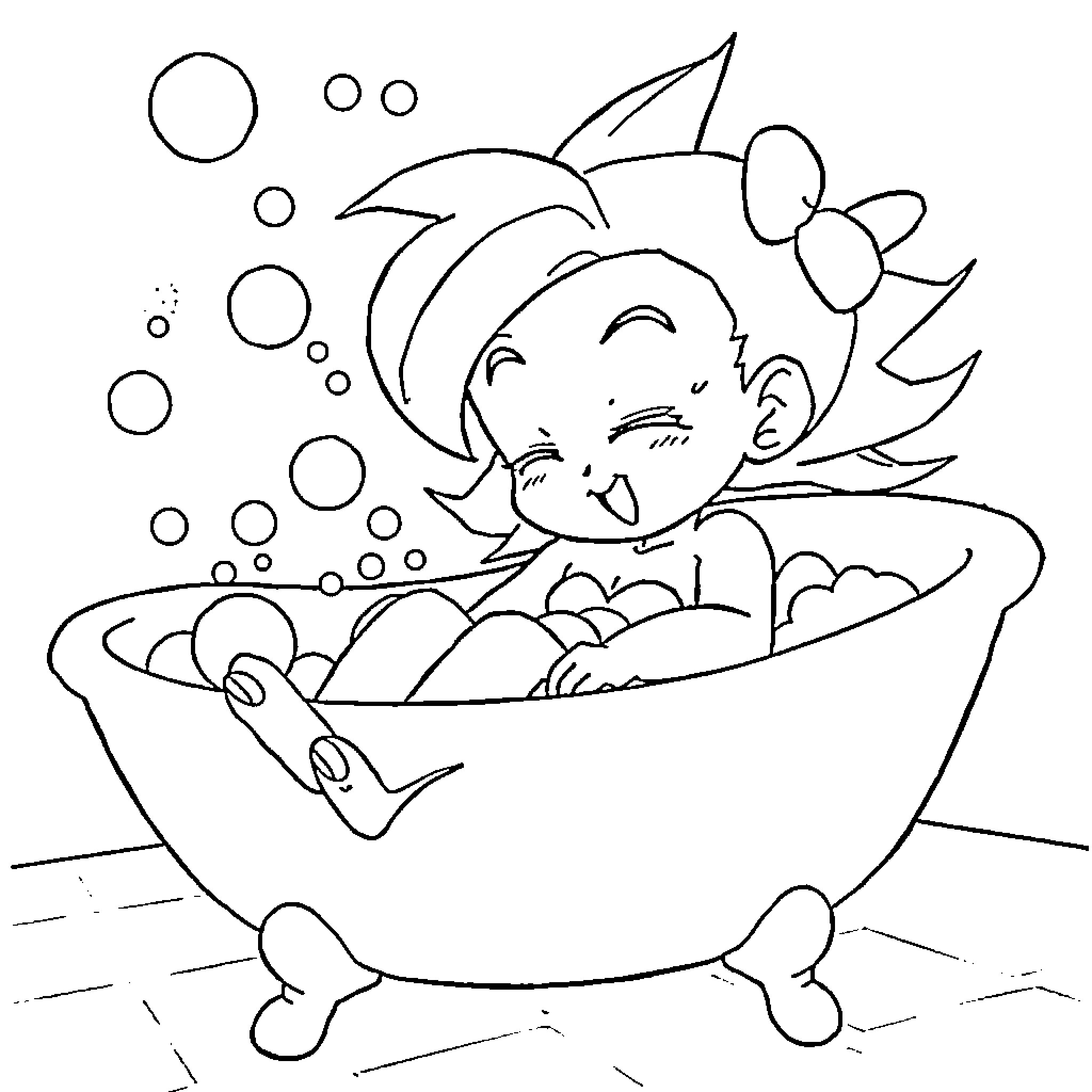 Chichi's Bubbly Bath Time Coloring Page (free black-and-white line drawing printable PDF for all, from beginners to advanced learners, including children, teens, adults, and seniors)