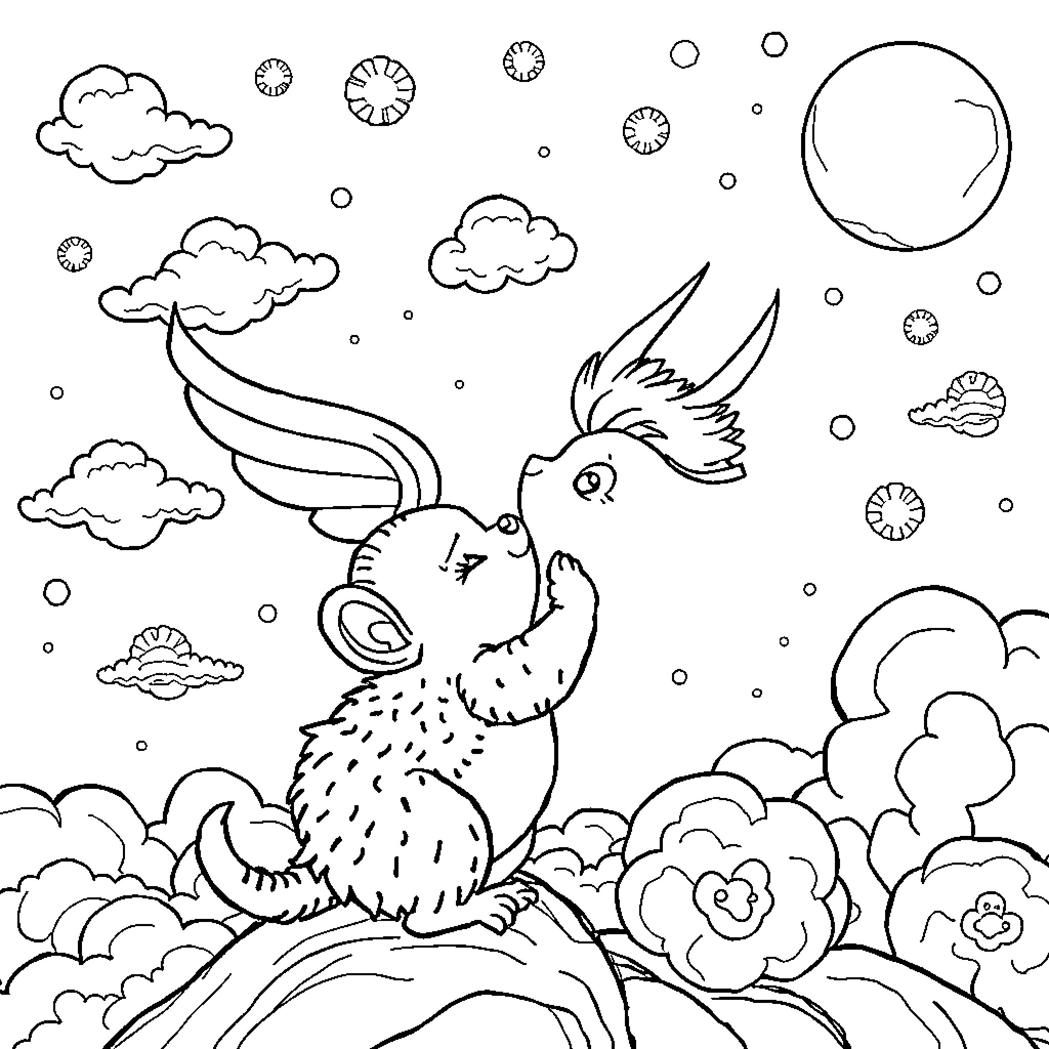 Puca's Magical Adventure in the Clouds Coloring Page (free black-and-white line drawing printable PDF for all, from beginners to advanced learners, including children, teens, adults, and seniors)