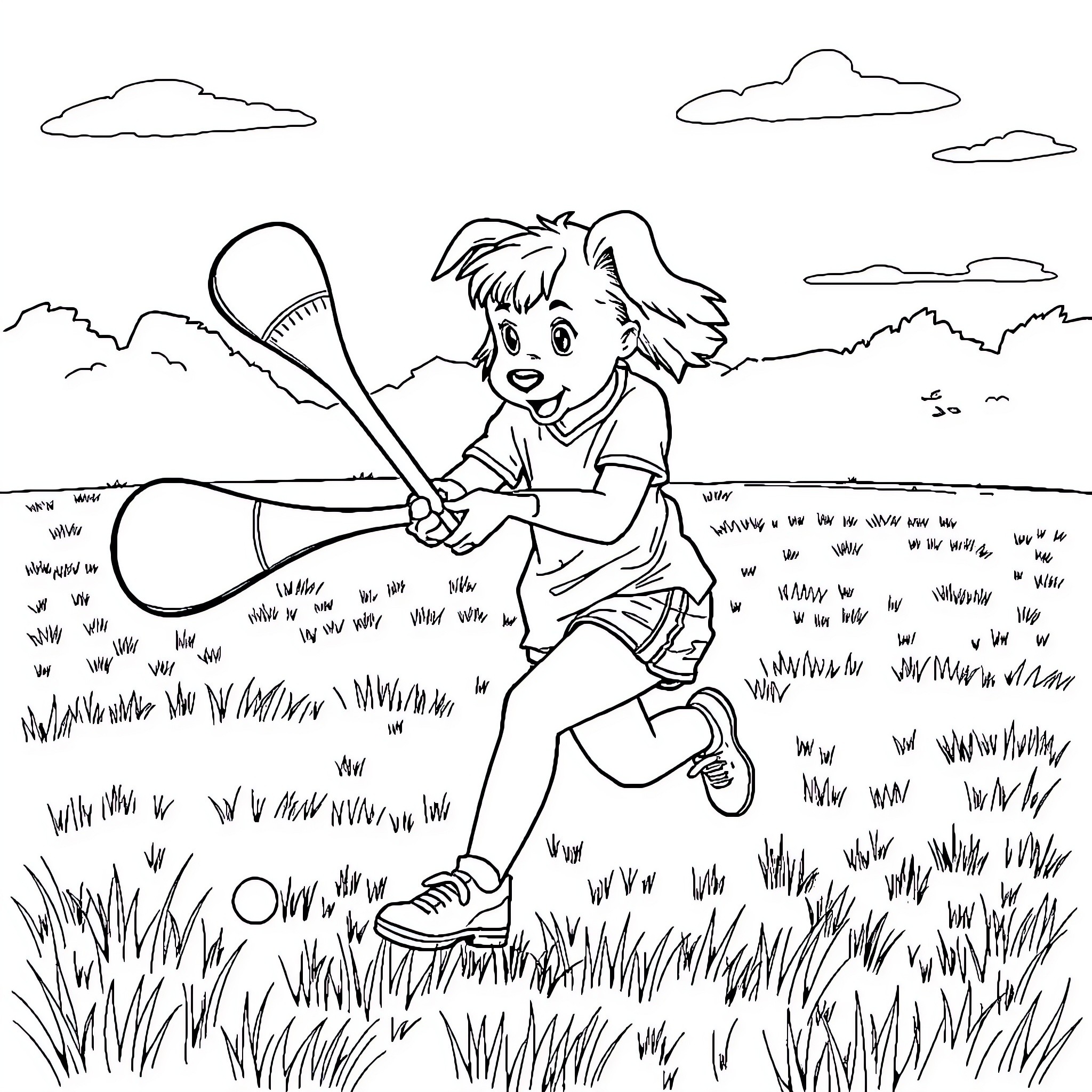 Millie's Lively Lacrosse Game in the Meadow Coloring Page (free black-and-white line drawing printable PDF for all, from beginners to advanced learners, including children, teens, adults, and seniors)