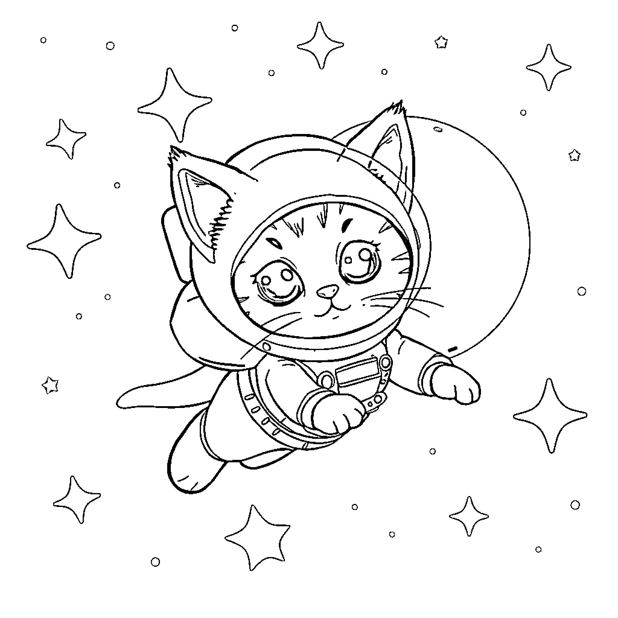 Kitten floating in space with stars Coloring Page (free black-and-white line drawing printable PDF for all, from beginners to advanced learners, including children, teens, adults, and seniors)