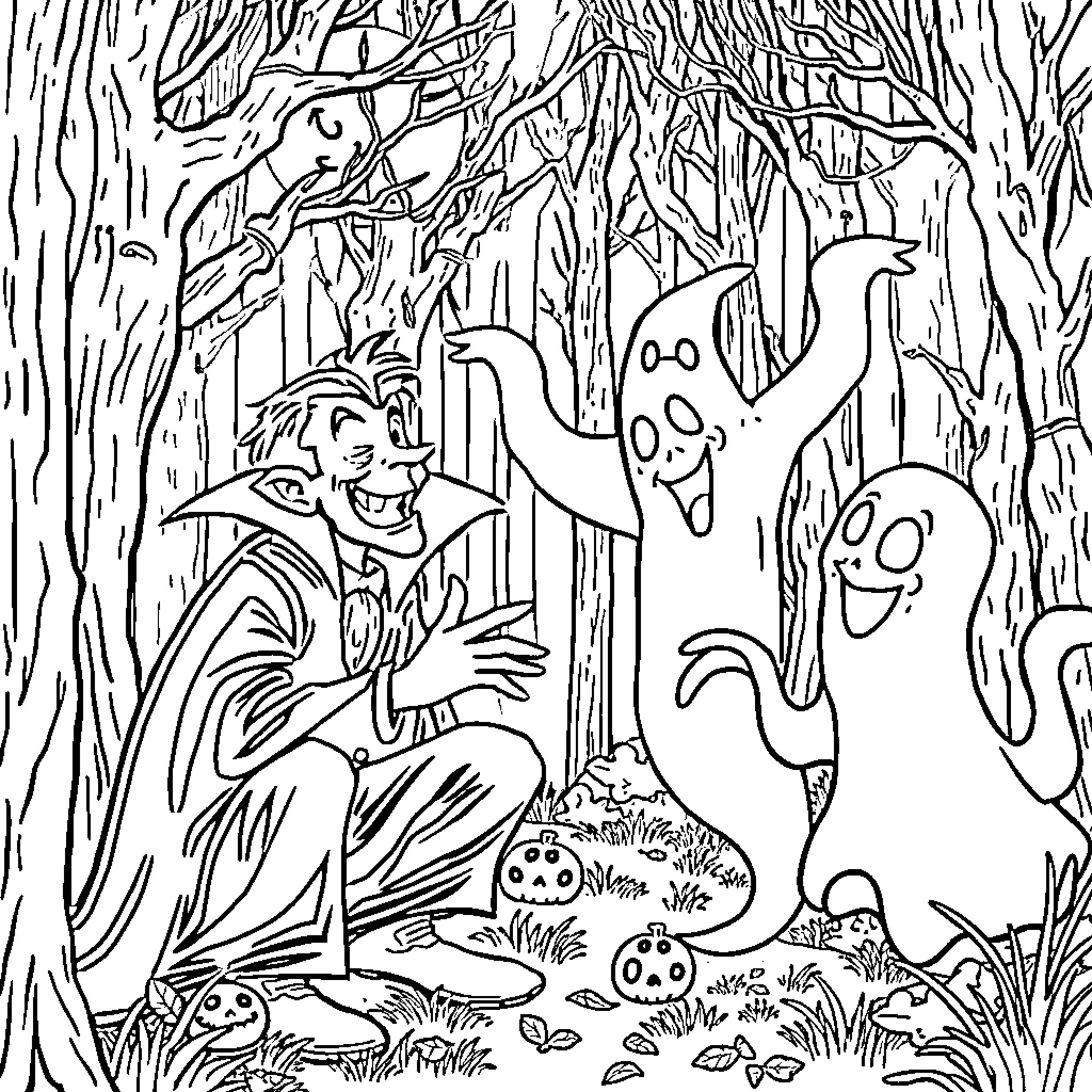 Horror Character Interacting with Ghostly Entities in a Haunted Forest Coloring Page (free black-and-white line drawing printable PDF for all, from beginners to advanced learners, including children, teens, adults, and seniors)