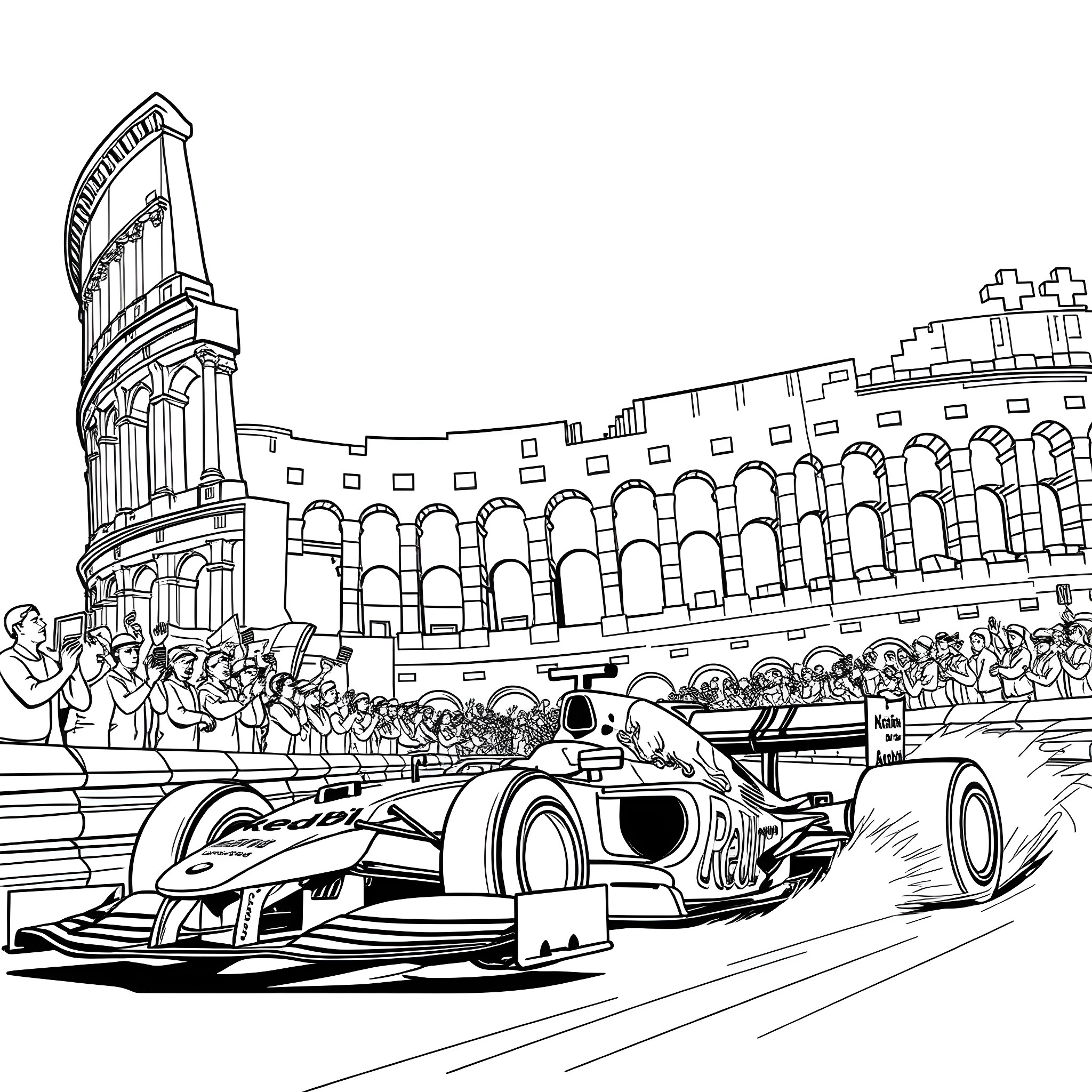 Formula 1 Racing Cars at the Colosseum Coloring Page (free black-and-white line drawing printable PDF for all, from beginners to advanced learners, including children, teens, adults, and seniors)
