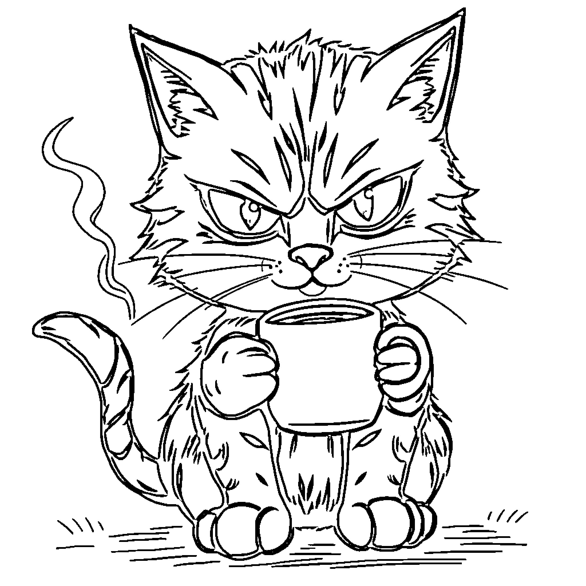 Cat drinking a hot beverage with an angry expression Coloring Page (free black-and-white line drawing printable PDF for all, from beginners to advanced learners, including children, teens, adults, and seniors)