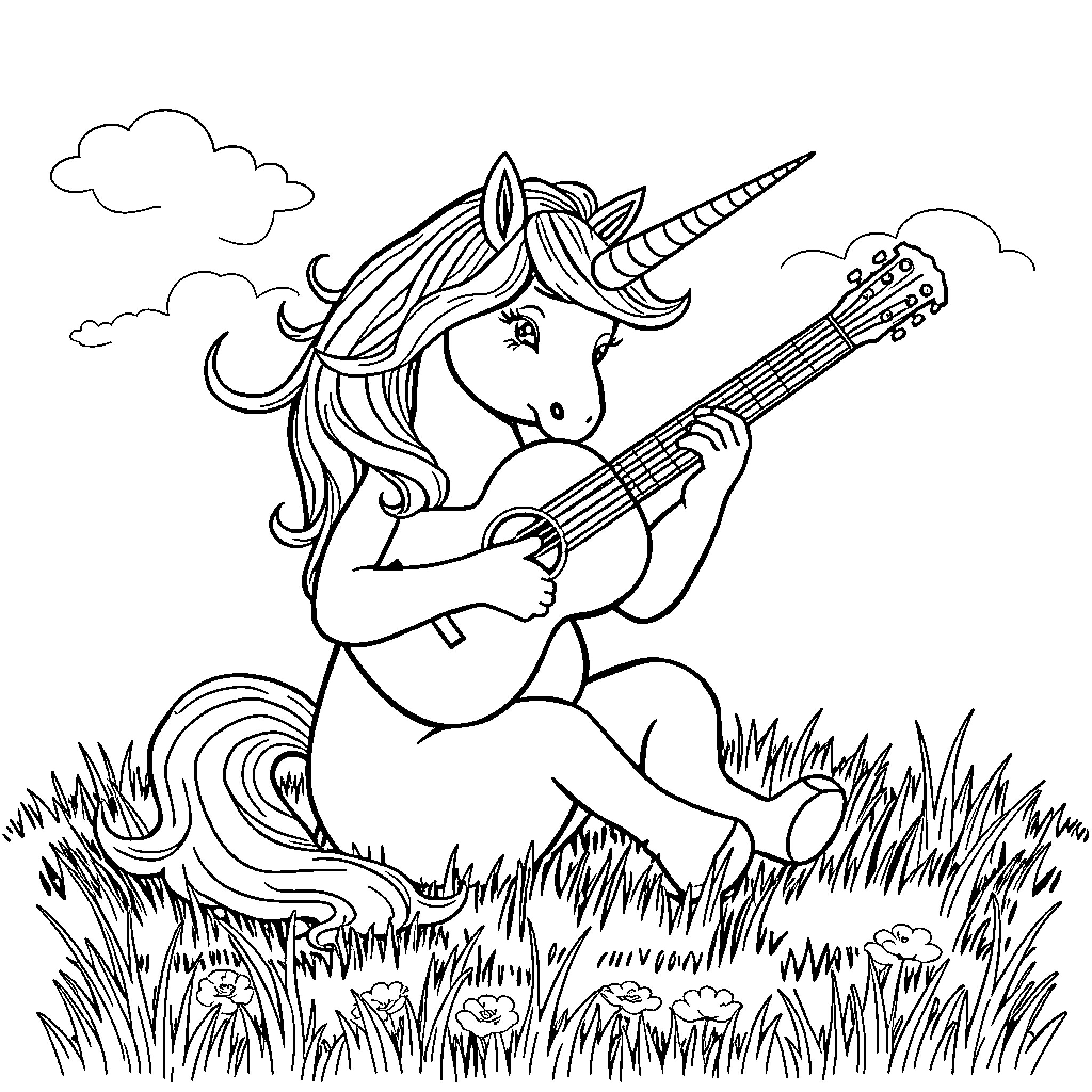 Unicorn playing guitar in a grassy meadow Coloring Page (free black-and-white line drawing printable PDF for all, from beginners to advanced learners, including children, teens, adults, and seniors)