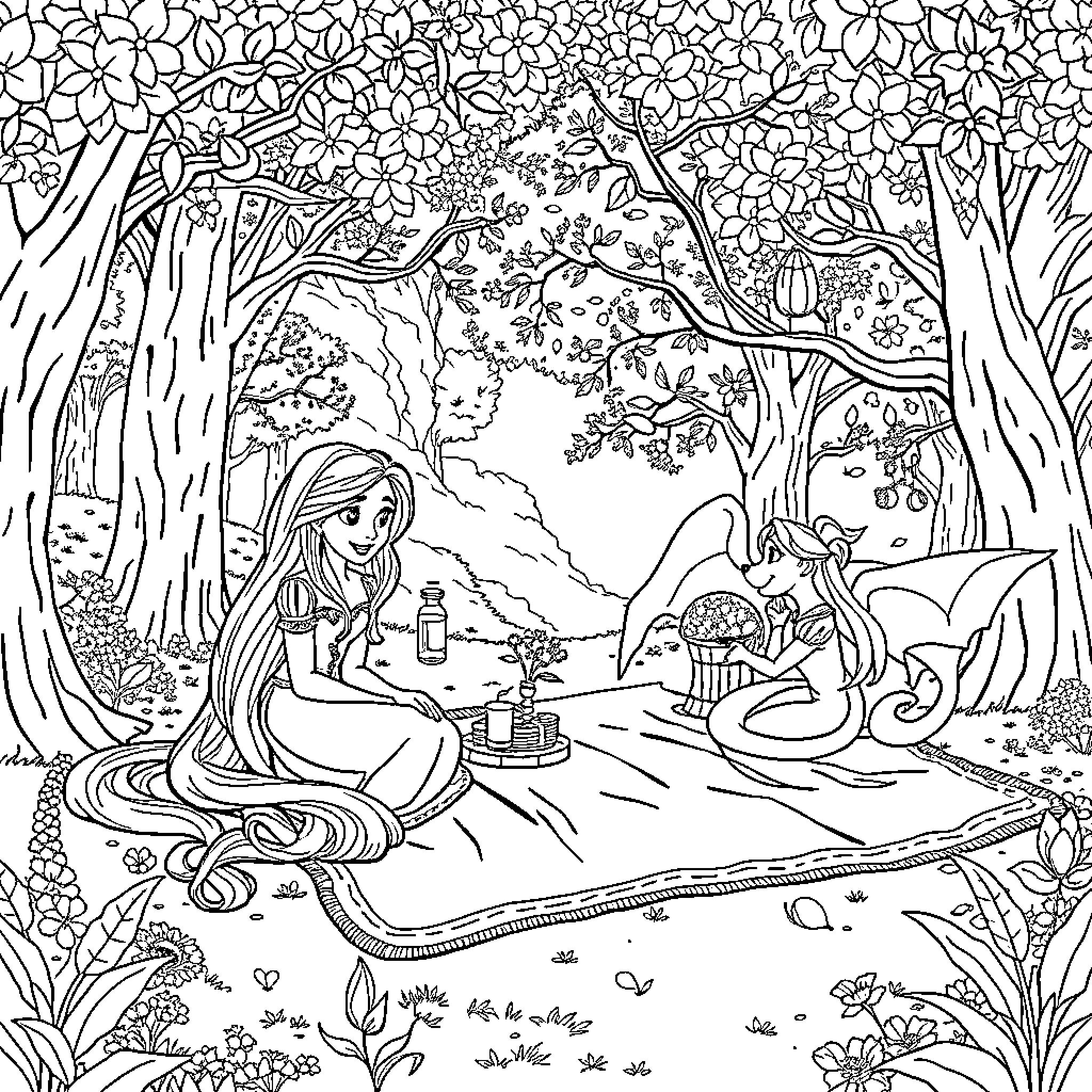 Princess in Enchanted Forest with Woodland Creatures Coloring Page (free black-and-white line drawing printable PDF for all, from beginners to advanced learners, including children, teens, adults, and seniors)