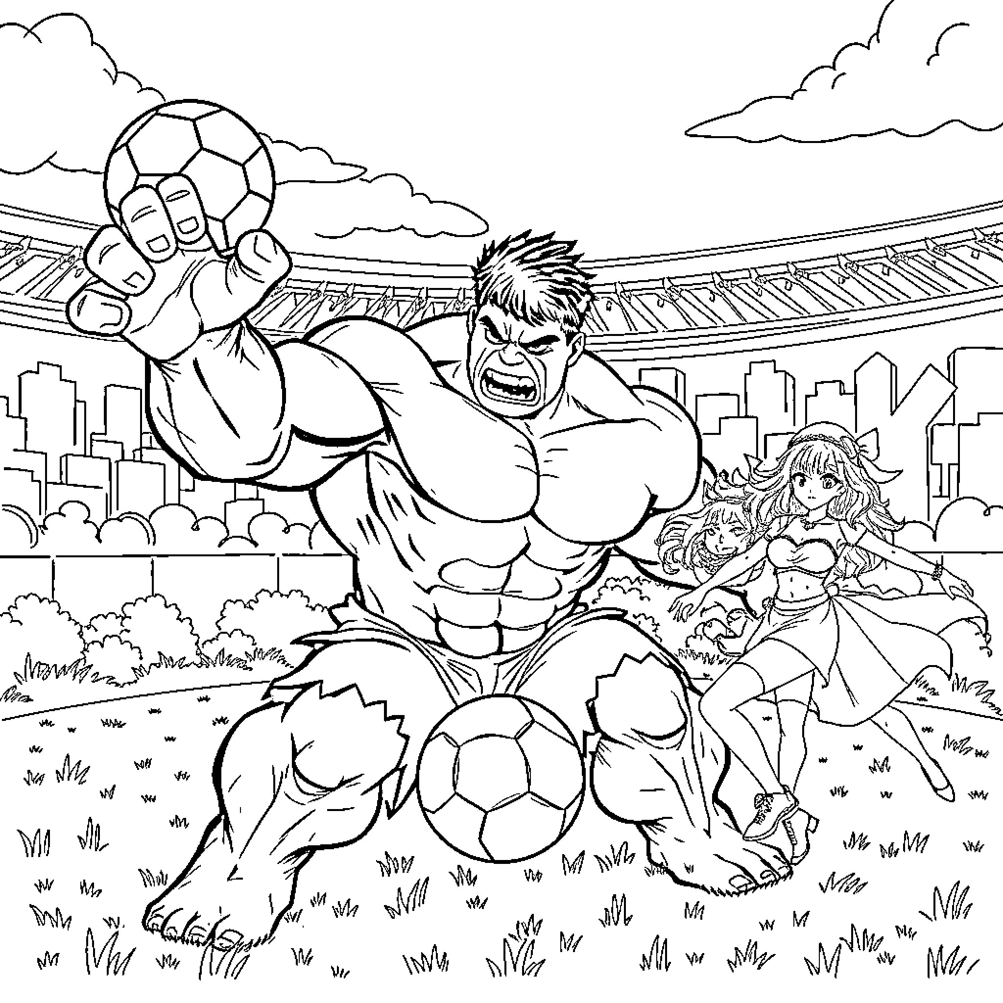 Hulk Smashing Footballs in the Stadium Coloring Page (free black-and-white line drawing printable PDF for all, from beginners to advanced learners, including children, teens, adults, and seniors)