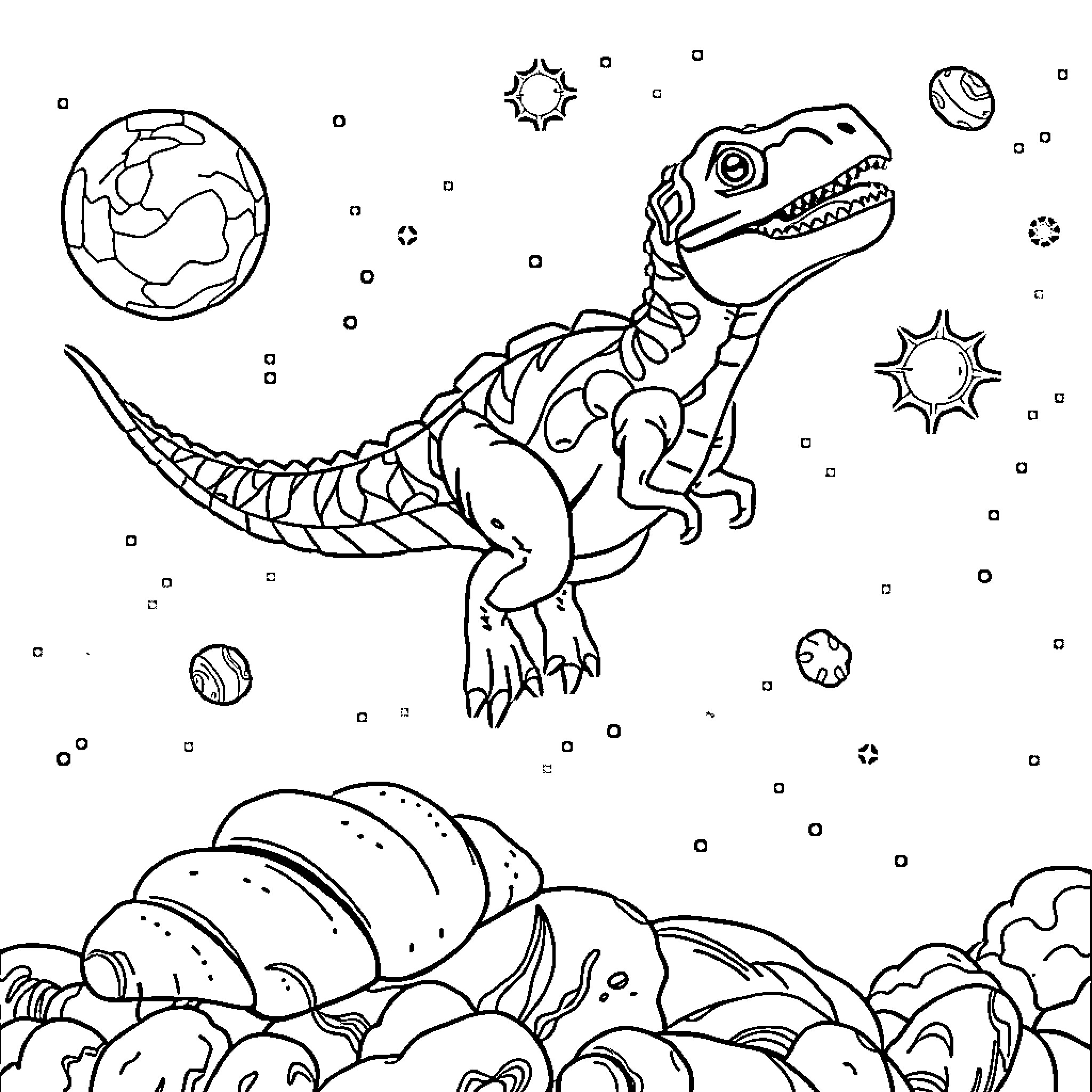 Dinosaur soars among cosmic wonders in the sky Coloring Page (free black-and-white line drawing printable PDF for all, from beginners to advanced learners, including children, teens, adults, and seniors)
