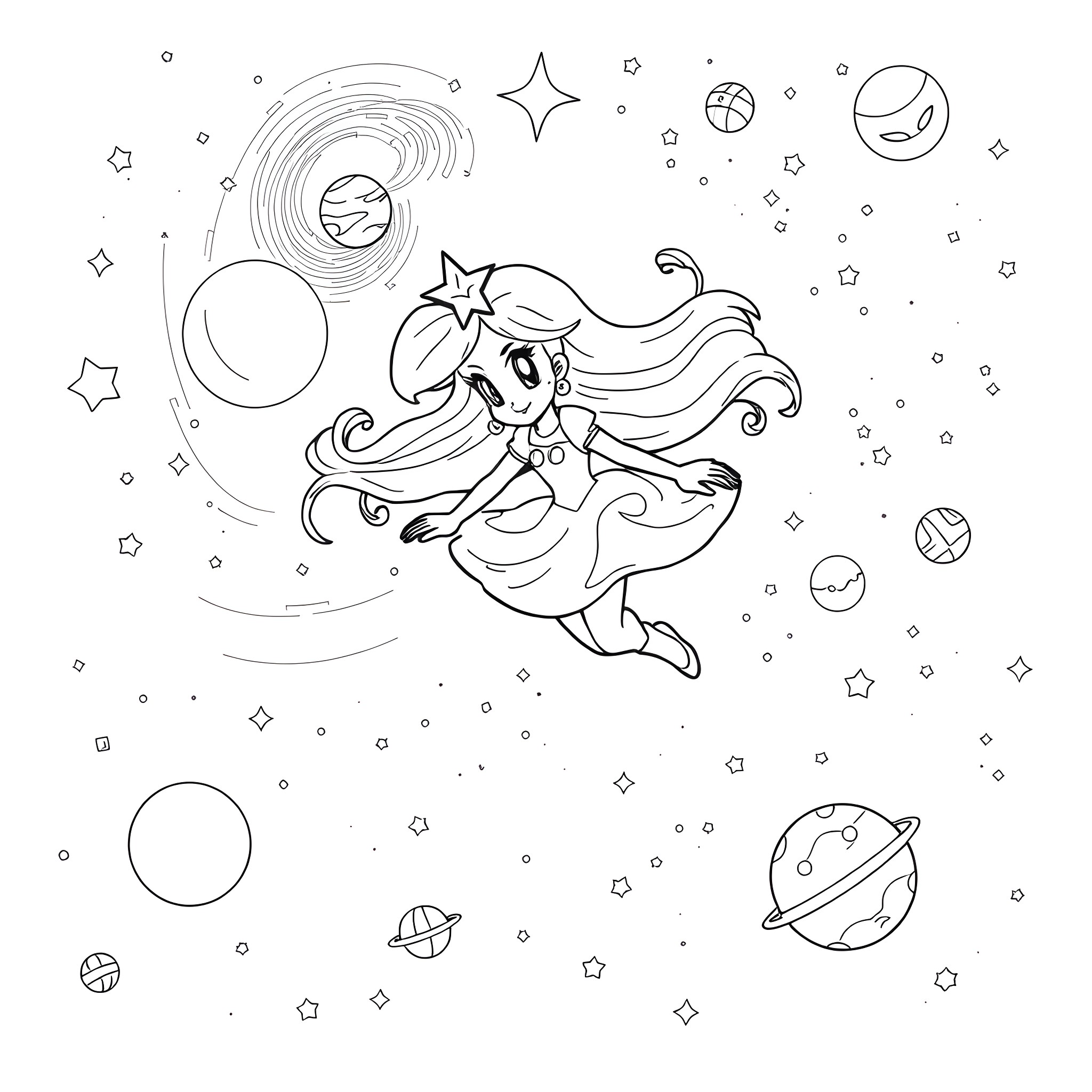 Rosalina exploring the enchanting cosmic realm Coloring Page (free black-and-white line drawing printable PDF for all, from beginners to advanced learners, including children, teens, adults, and seniors)