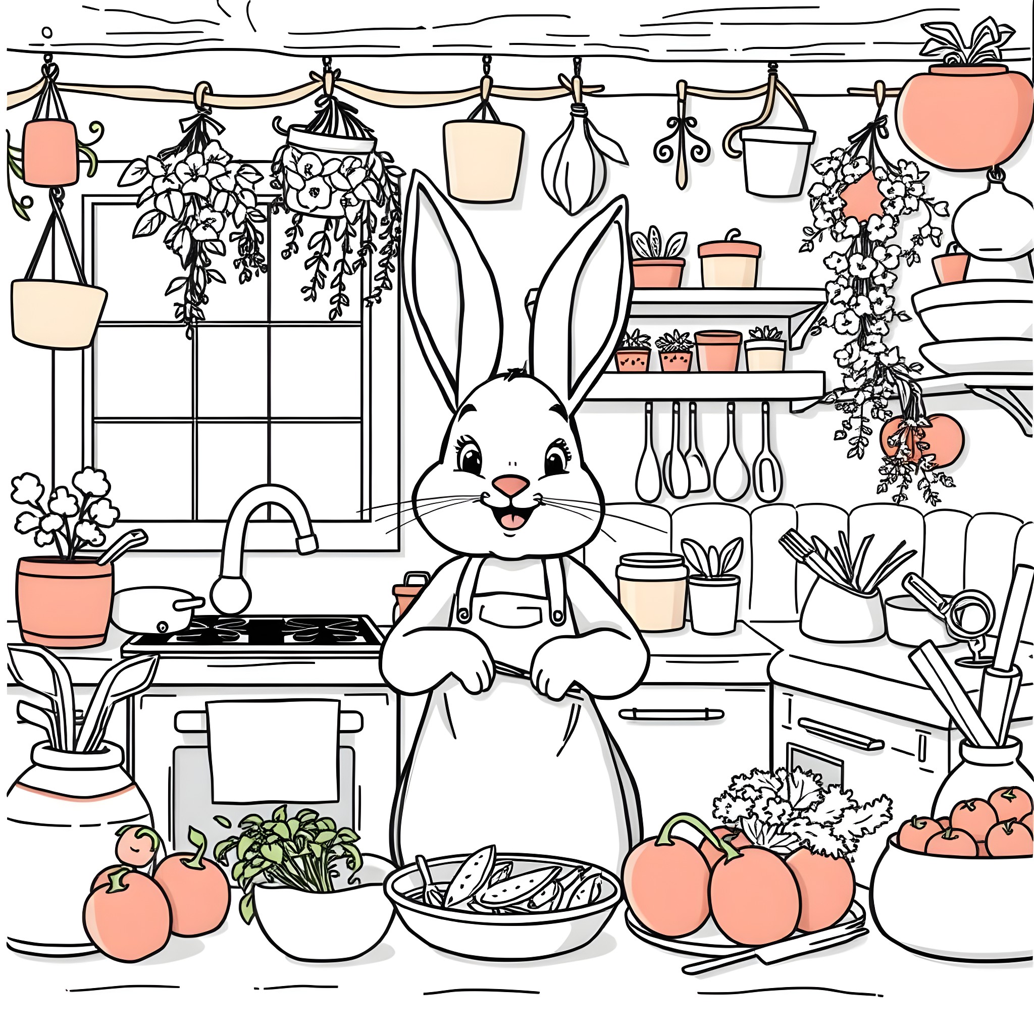 Bunny cooking in a cozy kitchen Coloring Page (free black-and-white line drawing printable PDF for all, from beginners to advanced learners, including children, teens, adults, and seniors)