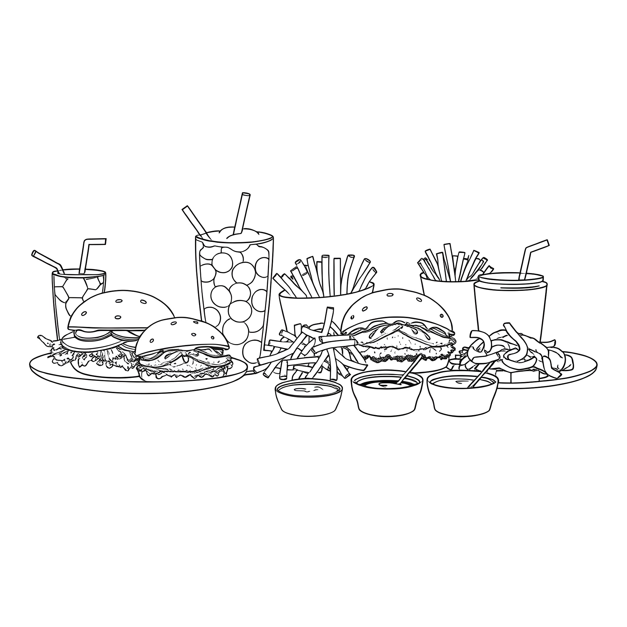 Menu of Delicious Fast Food Dishes Coloring Page (free black-and-white line drawing printable PDF for all, from beginners to advanced learners, including children, teens, adults, and seniors)