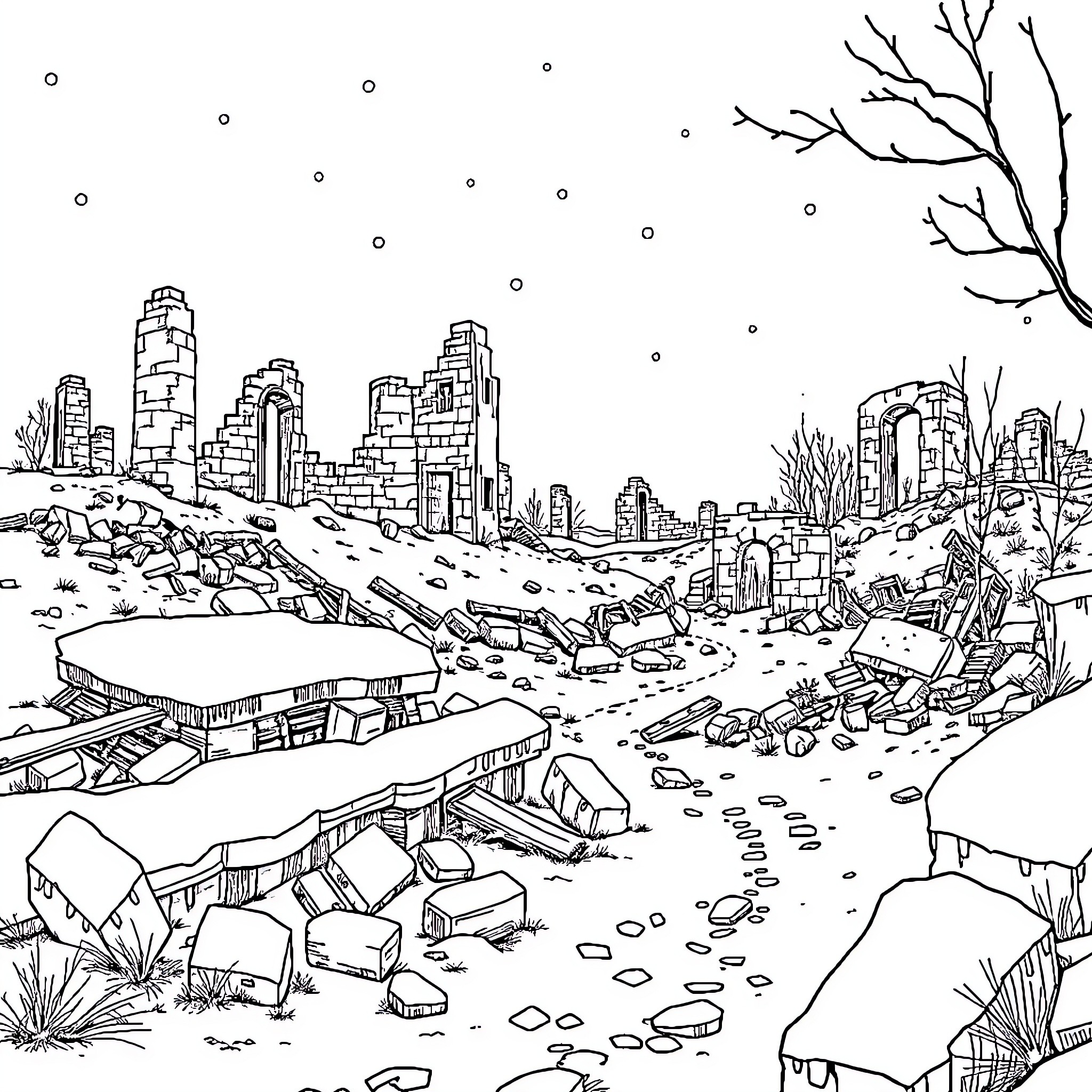 Ruins of a desolate city in the aftermath Coloring Page (free black-and-white line drawing printable PDF for all, from beginners to advanced learners, including children, teens, adults, and seniors)