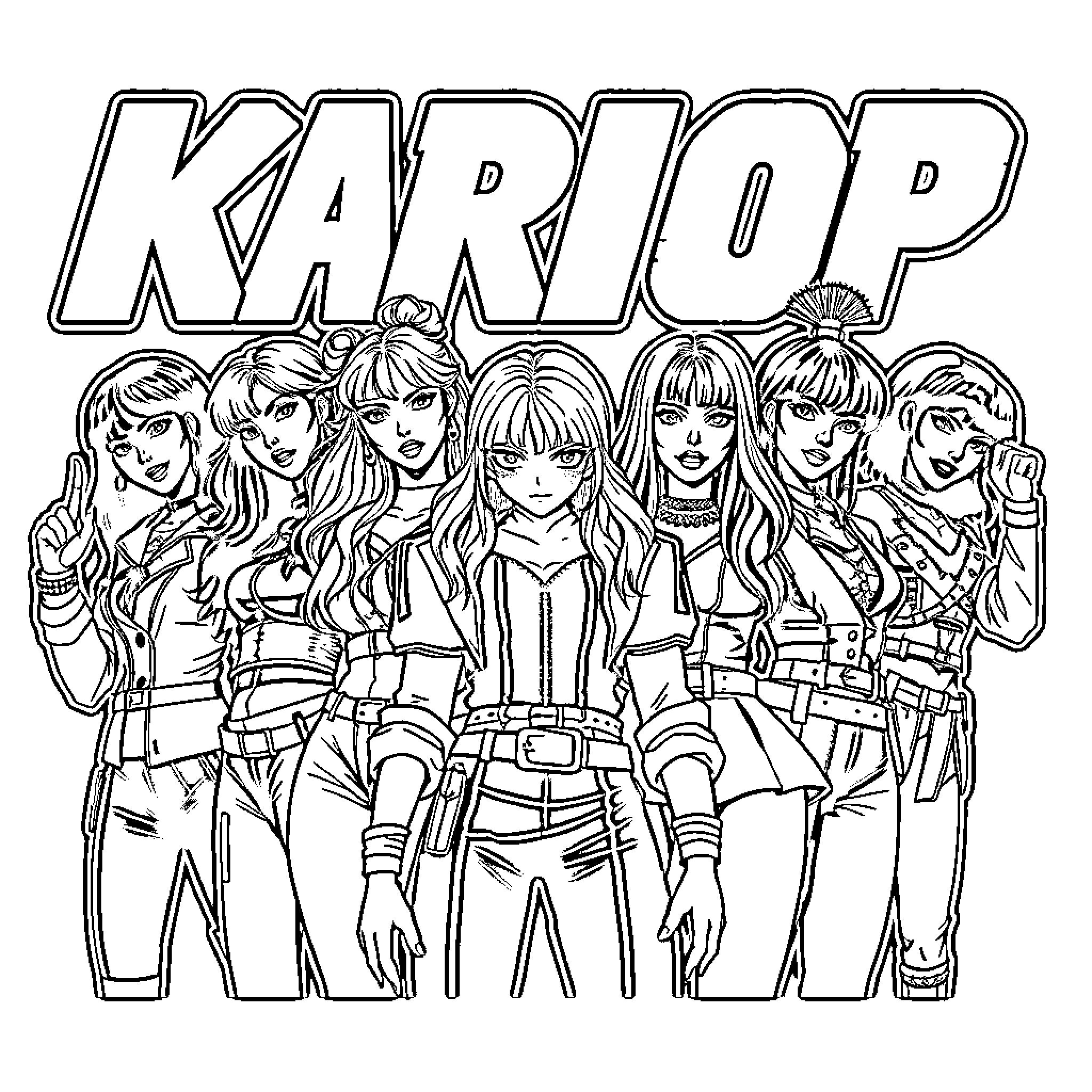 Guerreras Kpop Colorful Stylish Girl Group Posing Together Coloring Page (free black-and-white line drawing printable PDF for all, from beginners to advanced learners, including children, teens, adults, and seniors)