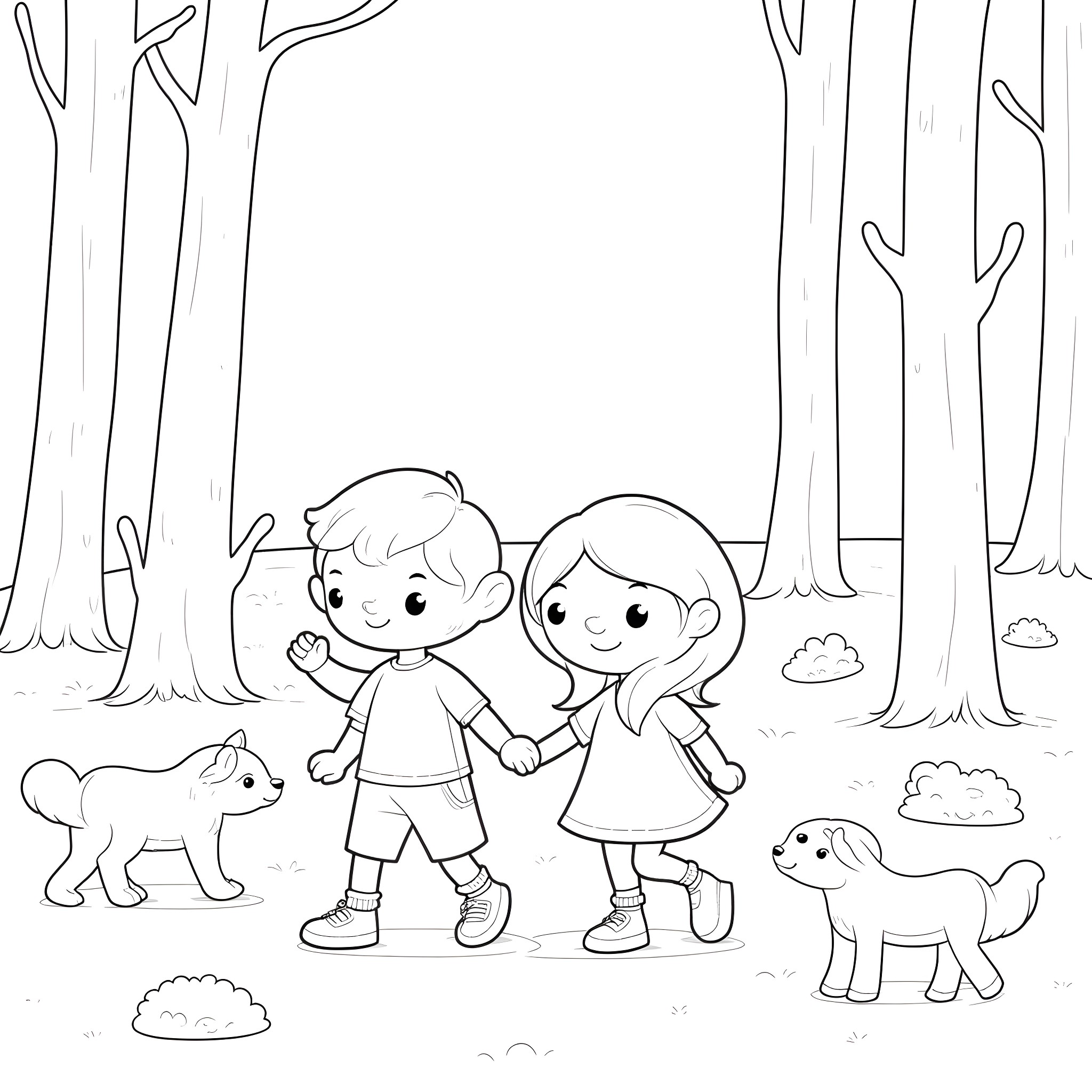 Winnie The Pooh characters exploring the forest Coloring Page (free black-and-white line drawing printable PDF for all, from beginners to advanced learners, including children, teens, adults, and seniors)