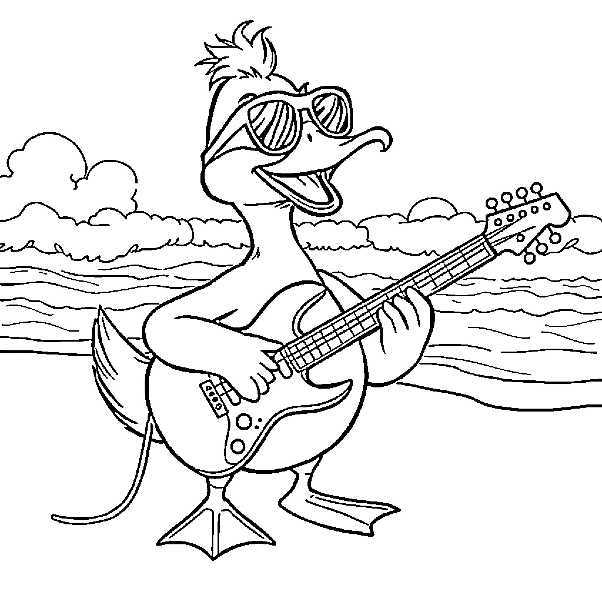 Duck playing guitar on the beach Coloring Page (free black-and-white line drawing printable PDF for all, from beginners to advanced learners, including children, teens, adults, and seniors)
