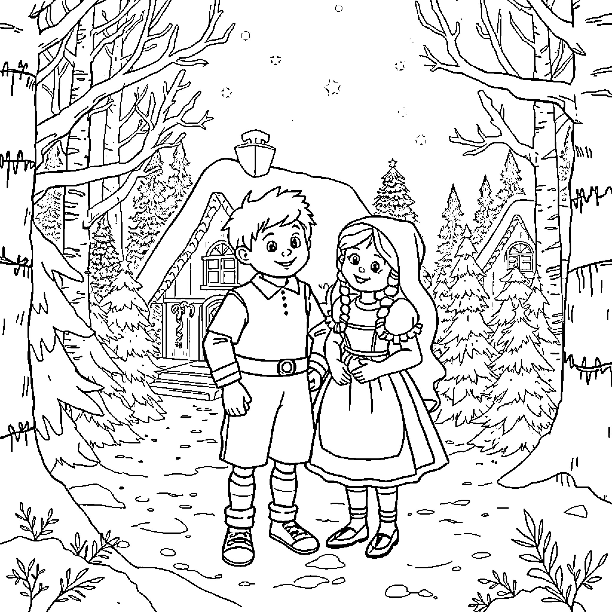 Hansel And Gretel Exploring the Winter Wonderland Coloring Page (free black-and-white line drawing printable PDF for all, from beginners to advanced learners, including children, teens, adults, and seniors)